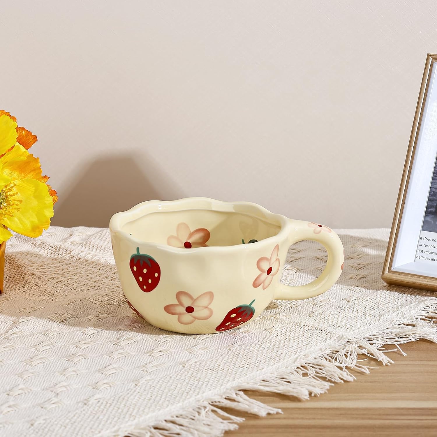 Koythin Ceramic Coffee Mug, Cute Floral Fruit Cup, Couple Mugs 8.5 oz/ 250 ml for Latte Tea Milk, Suitable for Mom on Mother's Day (Strawberry Flowers) - Image 3