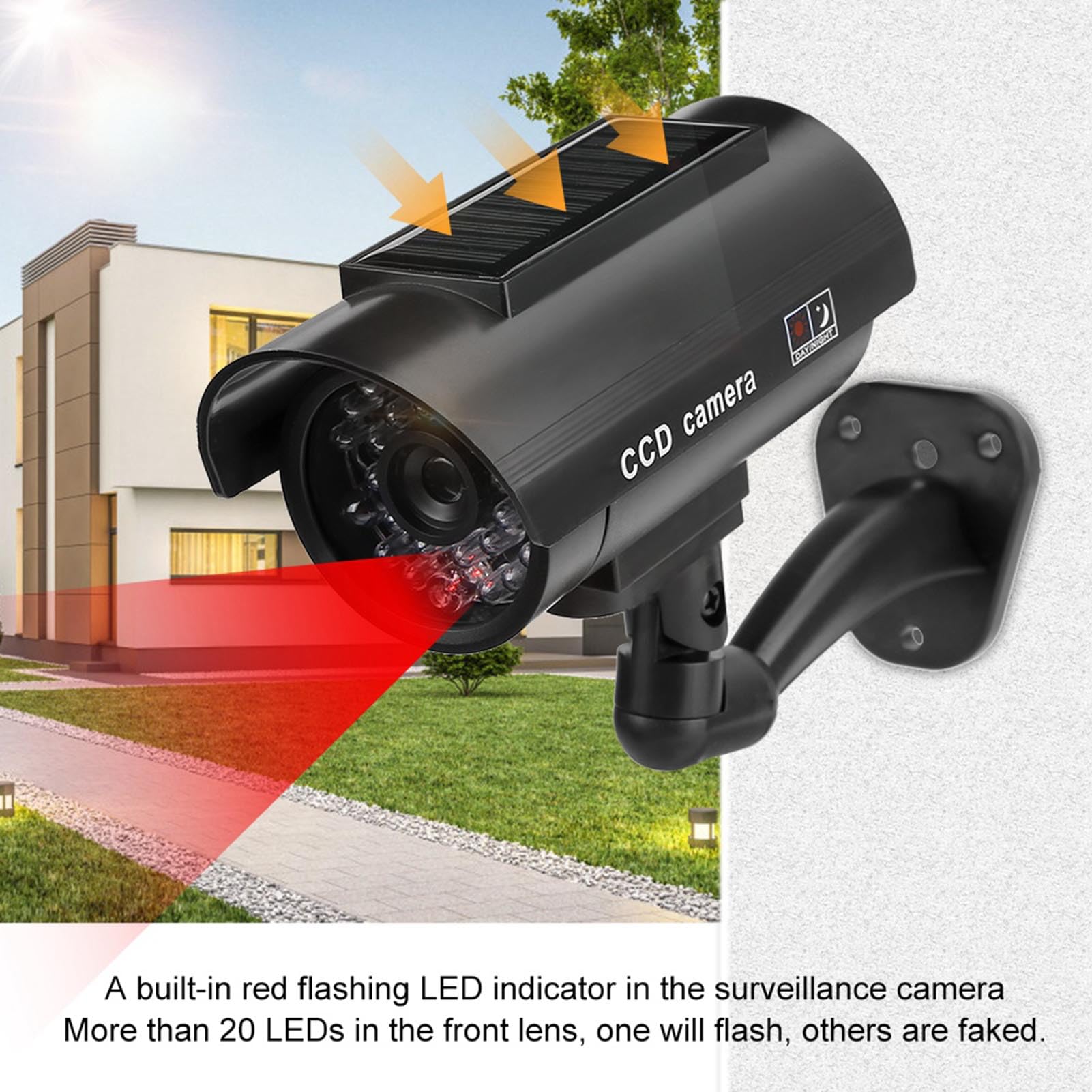 Cámara falsa, cámara solar simulada, cámara de seguridad ficticia, luz LED intermitente y pegatina de advertencia de seguridad para interiores y exteriores