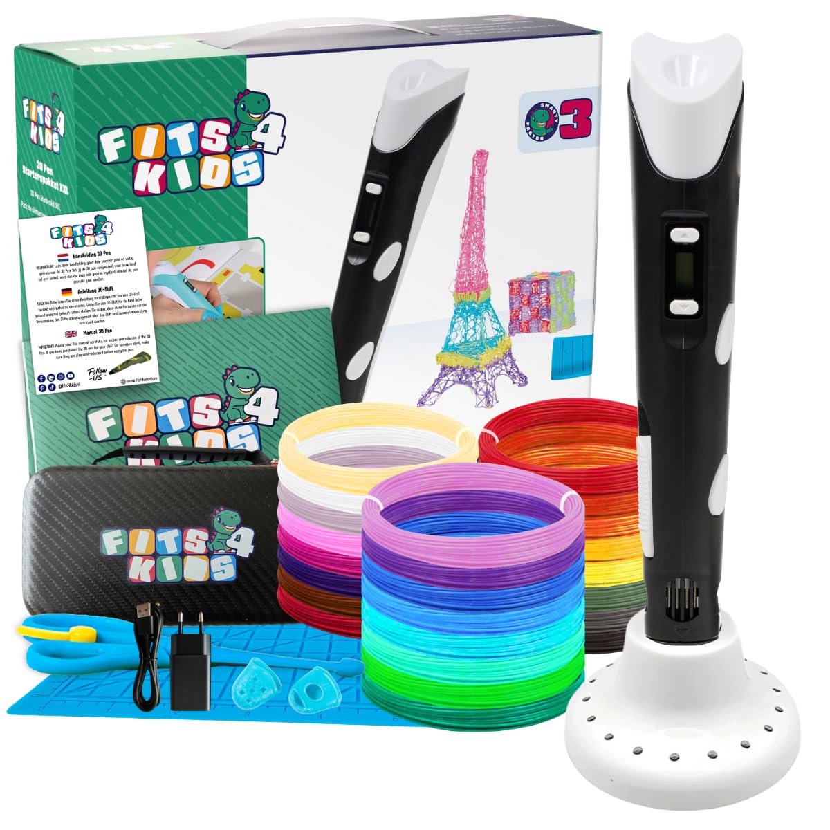 Set de iniciación para impresora 3D, regalo para niños, XXL, con filamento PLA de 140 m de 1,75 mm y accesorios (negro)
