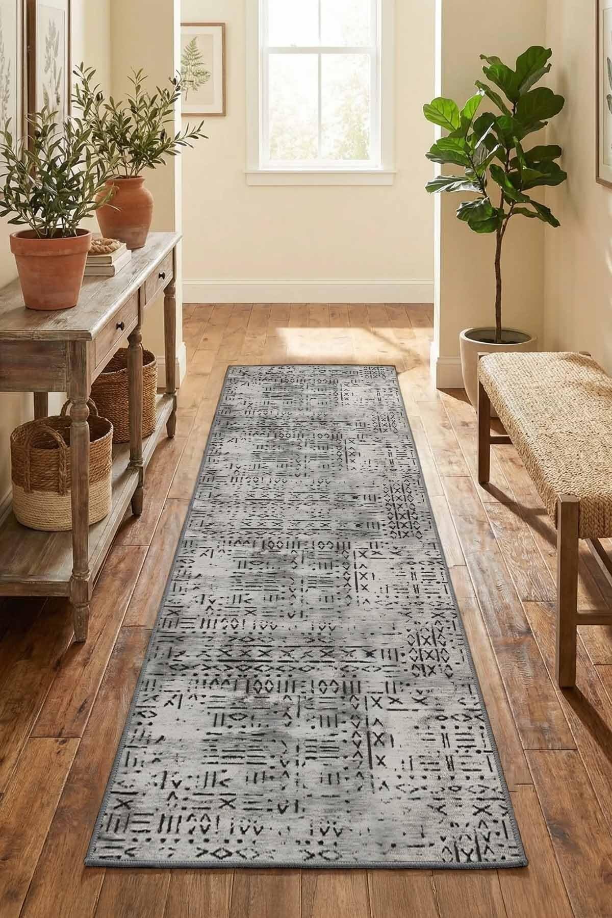 Monnhein Gri Yolluk 1111 - Yıkanabilir, Kaymaz Taban, Dijital Baskılı, Leke Tutmaz, İnce Hav, Modern Koridor, Mutfak, Antre ve Salon için Dekoratif Yolluk