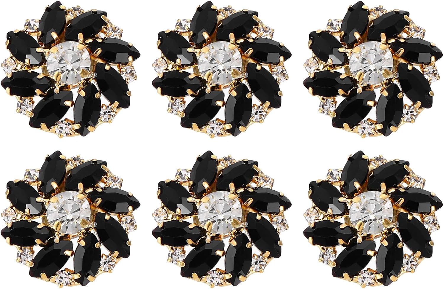 MECCANIXITY 6pcs Rhinestone Flower Sewing Buttons 1 Inch Crystal Shank Buttons for Jewelry Making Cloth DIY Sewing Embellishments, Gold Black