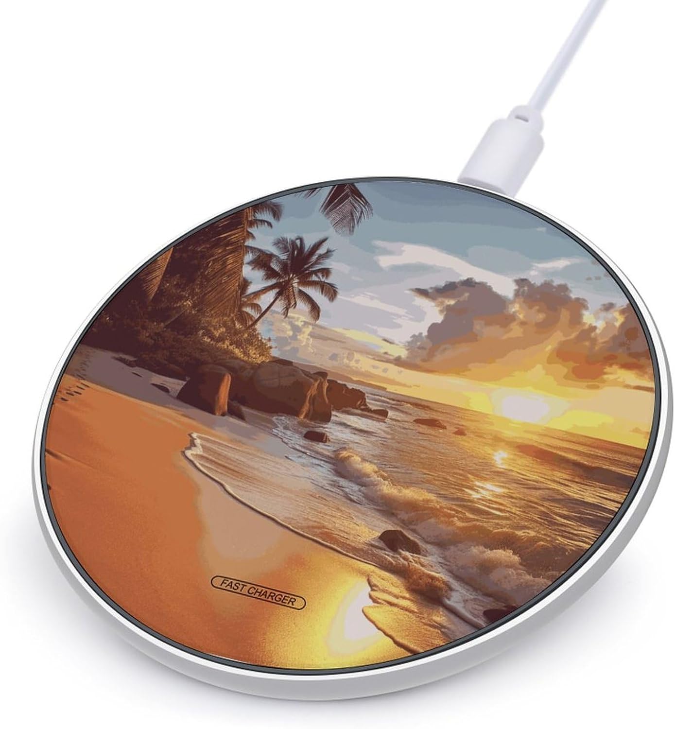 Tropical Beach at Sunset Wireless Charger Fast Charging Pad with USB Cable Anti-Slip Portable,Aluminum Alloy Frame 10W Max Compatible Fast Wireless Charging Pad for Travel Bedside Office