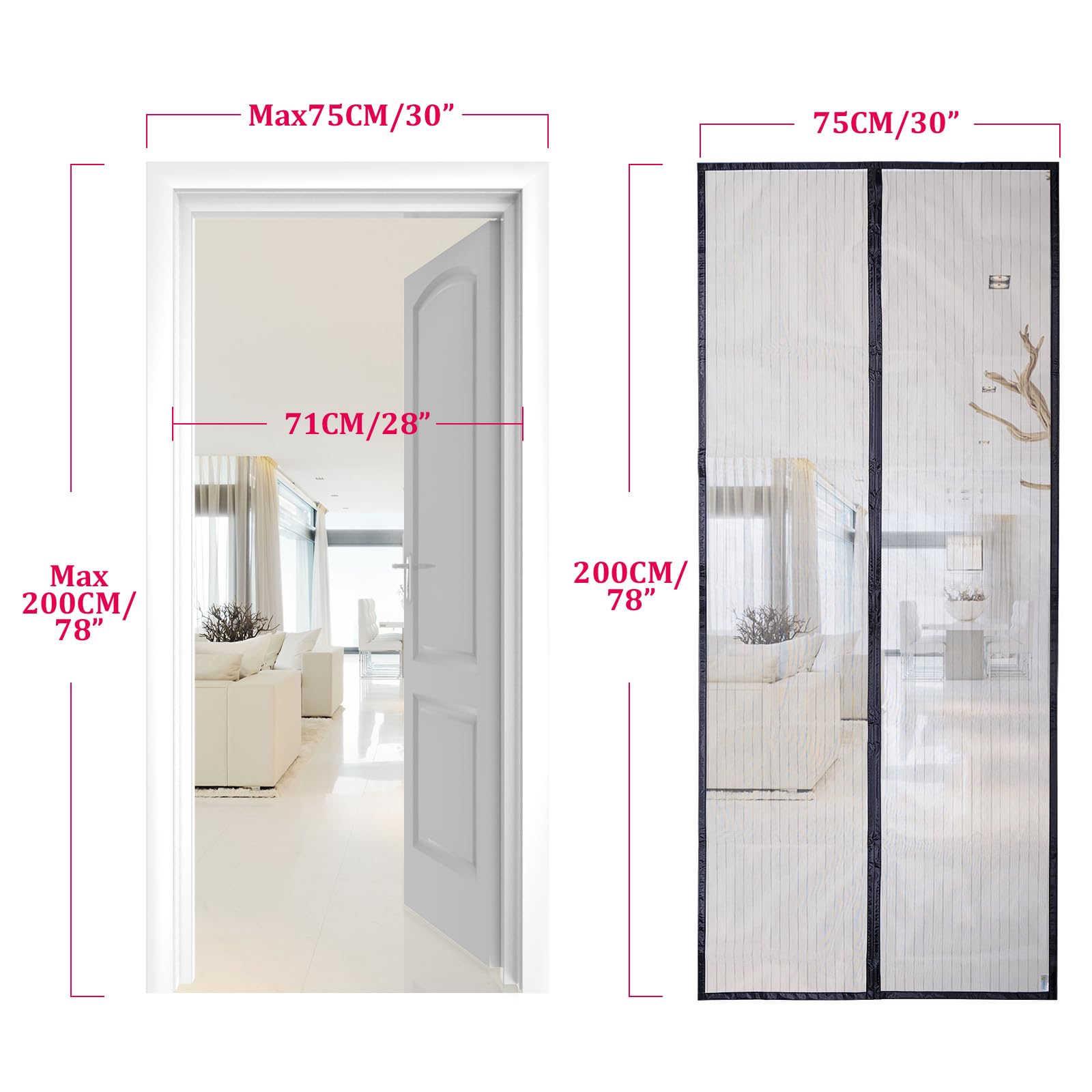 Apalus Zanzariera con Magneti per Porte, Rete Fine, Tenda Totalmente Magnetica, si Chiude da Sola - Non Accorciabile (75x200CM. Nero)