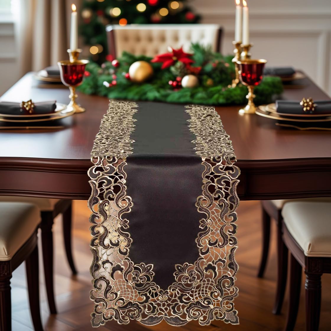 DECOZEN Gold Lace Black Christmas Table Runner – Embroidered Dining & Dresser Decor Scarf for Holiday Tables, Weddings & Parties – 14 x 108 in Elegant European Falling Tarantino Collection, Gift Idea