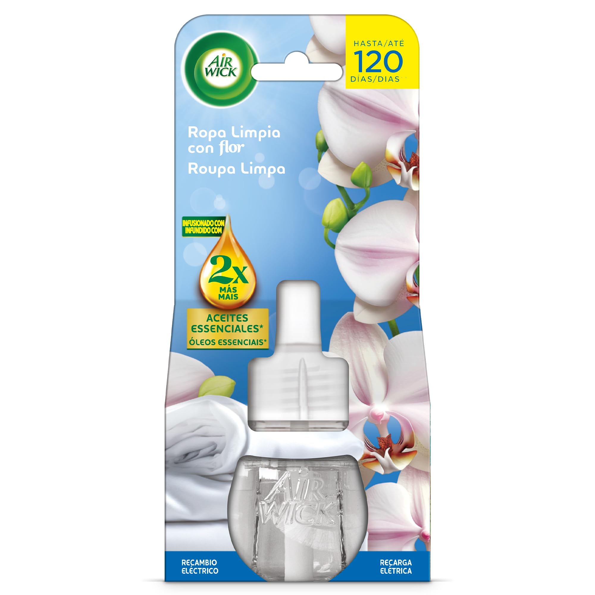 Air Wick Eléctrico - Recambio de Ambientador Automático Eléctrico, Esencia con Aroma a Ropa Limpia, Flor, 19 Mililitros, El embalaje puede variar