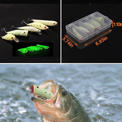 Miniatura 5 de Kit de señuelos de pesca luminosos luminosos VIB Popper Crank Minnow lápiz cebo duro con gancho de agudos Caja de aparejos de pesca nocturna