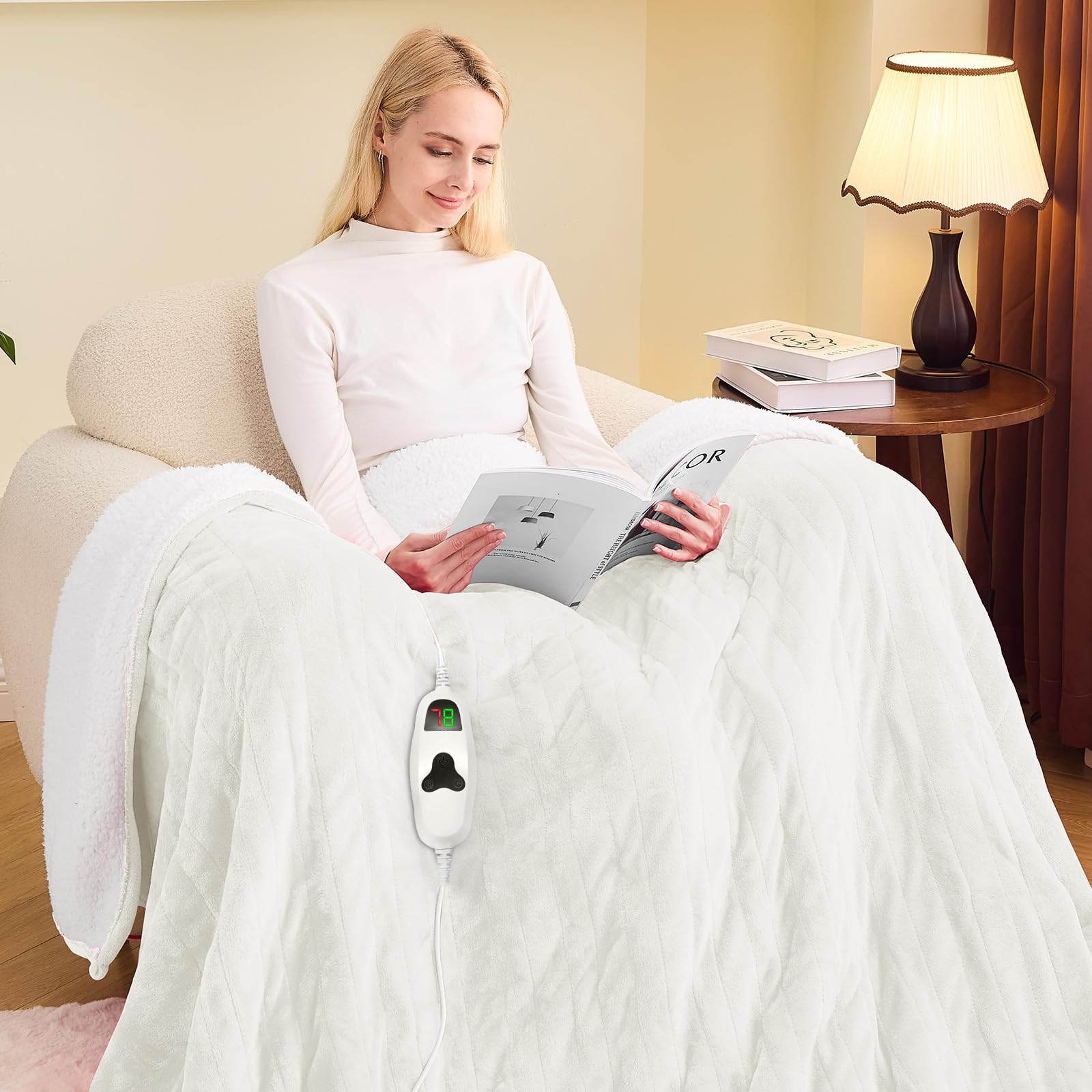 greenoak Heated Blanket Electric Full 72"X84", Heating Blankets with 10 Heat Levels 8 Hours Auto-Off Overheat Protection, Soft Flannel Sherpa Fluffy House Warming GIF, ETL Certified Pure White
