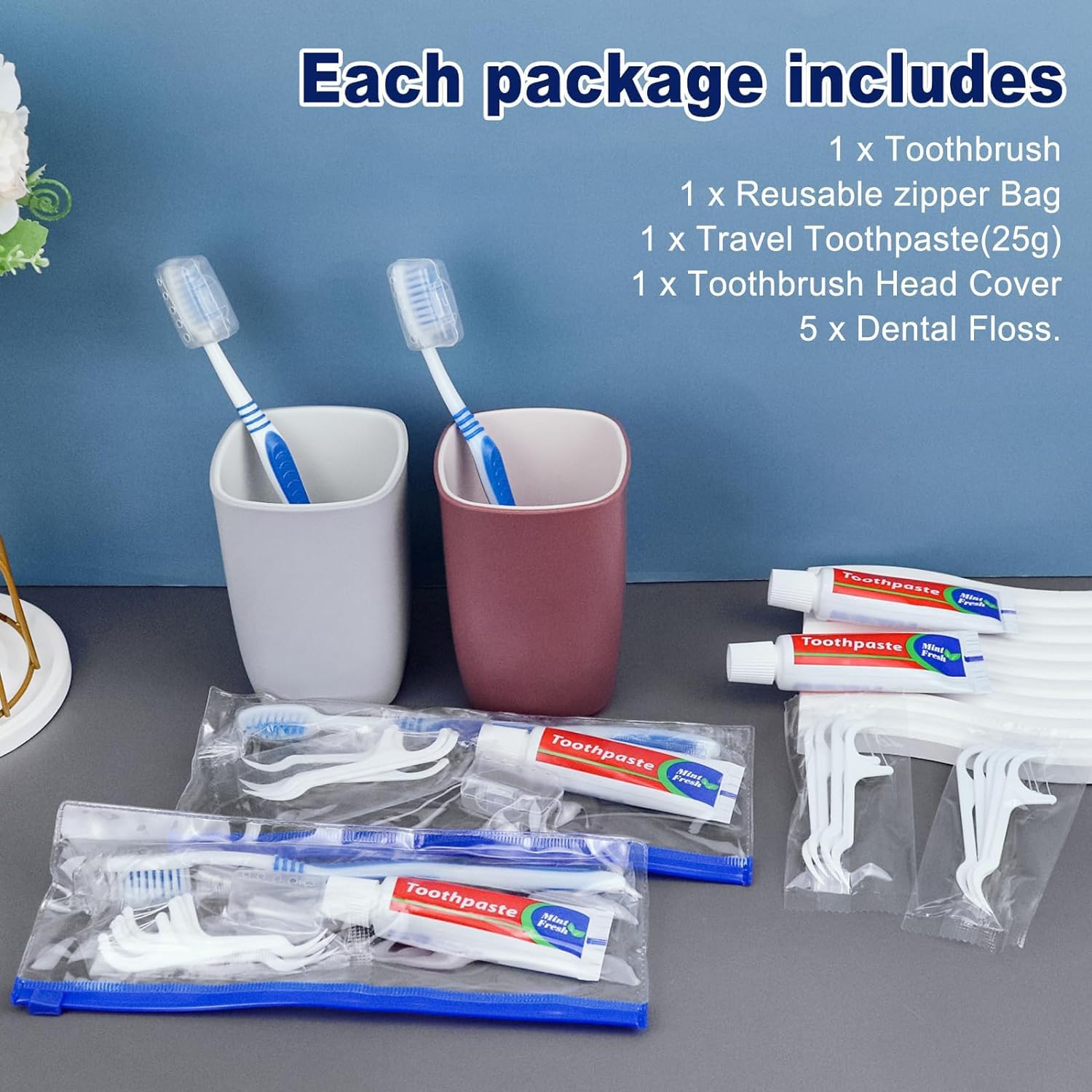 Disposable Toothbrushes with Toothpaste Individually Wrapped,Travel Kit with Plastic Zip Bag,Toothbrush Head Cover, Floss Pick,25gram Toothpaste,Bulk Toothbrush for Homeless,Travel,Hotel(100)