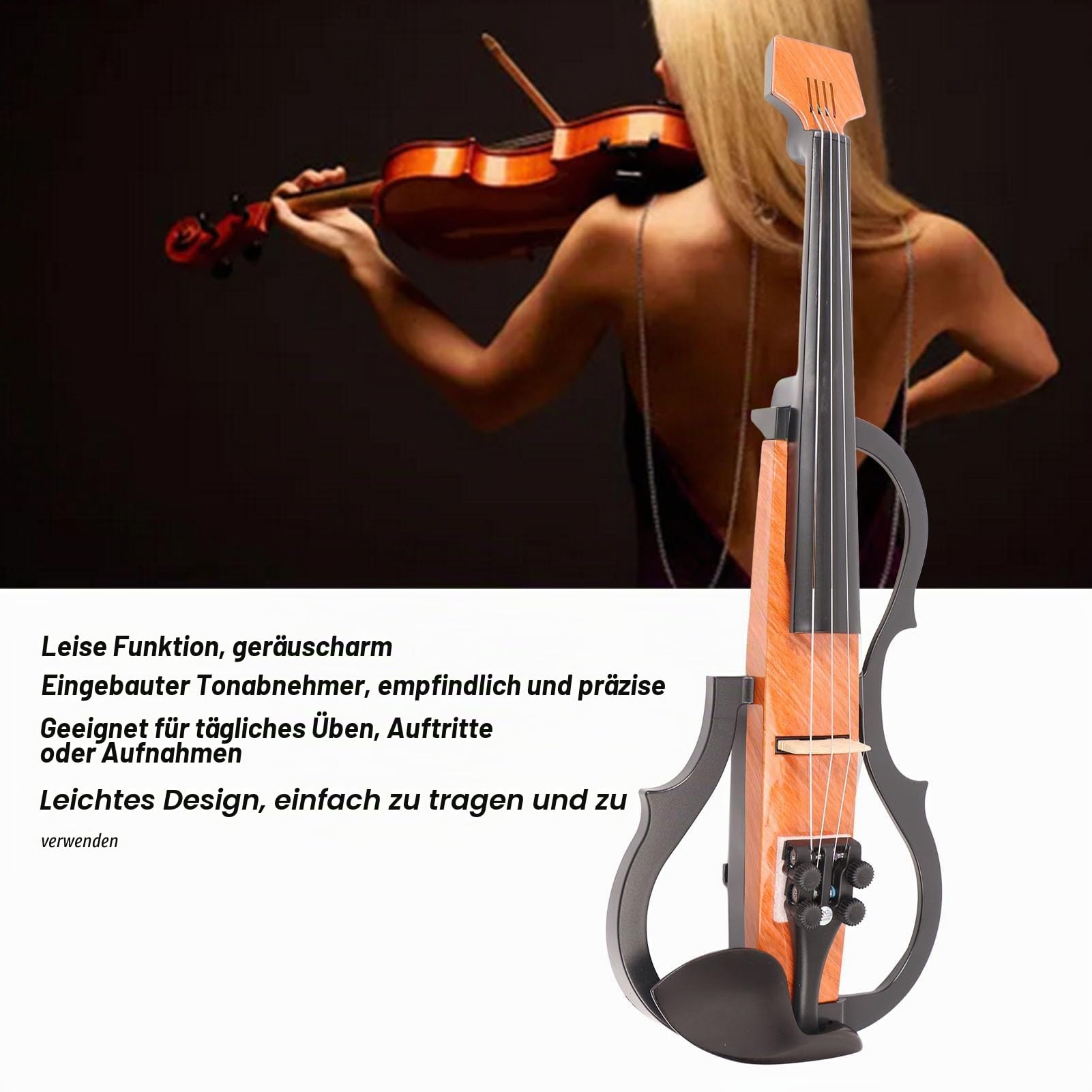 Elektrische Violine 4/4 in Voller Größe, Leise, Einstellbare Klangqualität, Violine aus Kohlefaser-Ahornholz mit Tonabnehmer, Kopfhörer