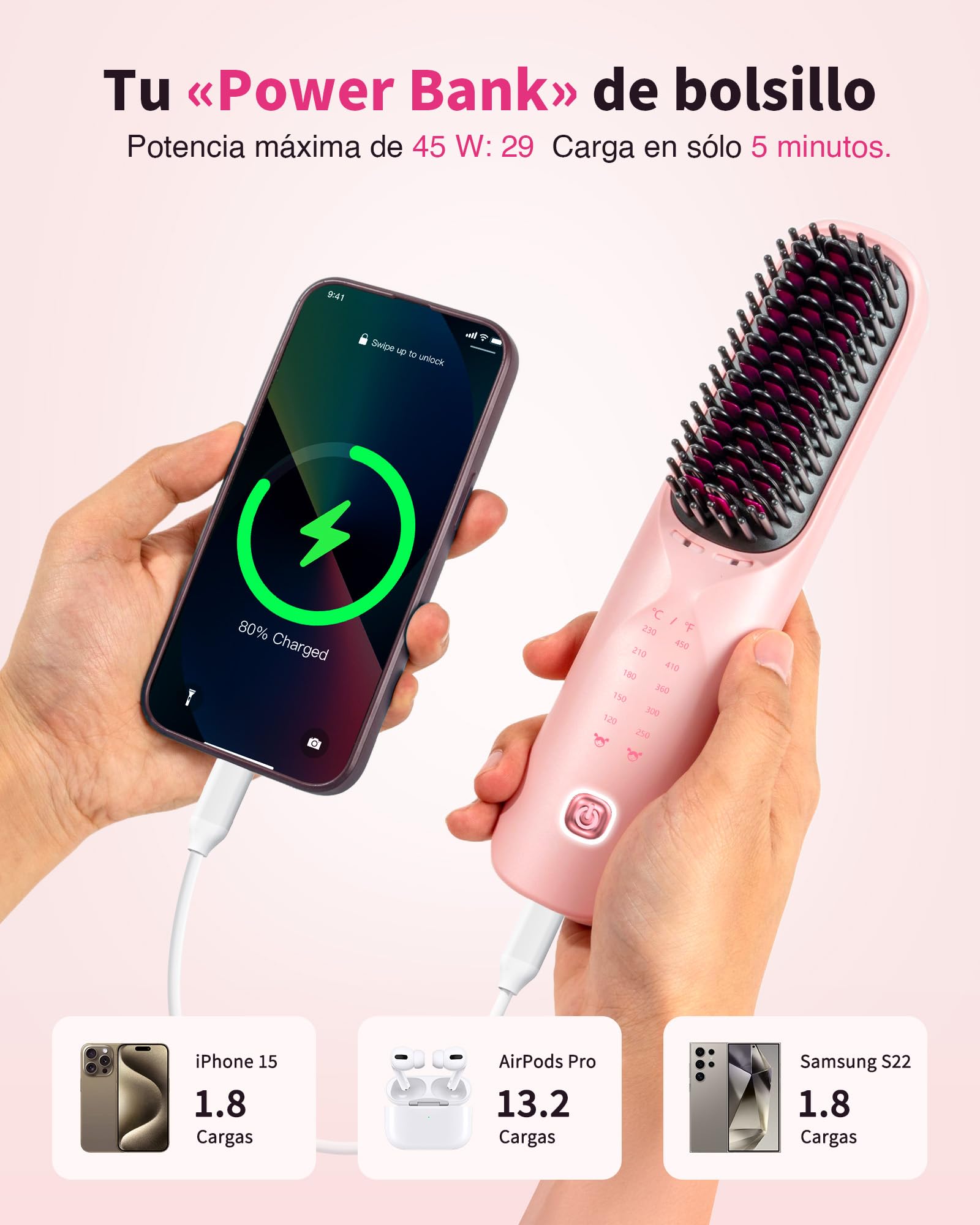 Bopcal Mini Cepillo Alisador Pelo - Cepillo Alisador Inalámbrico 3 in 1 Para Alisar, Rizar, Dar Volumen al Cabello, 90°C-230°C, Calentamiento, Anti-Escaldamiento, Sin Frizz, Energía Portátil y Viajes