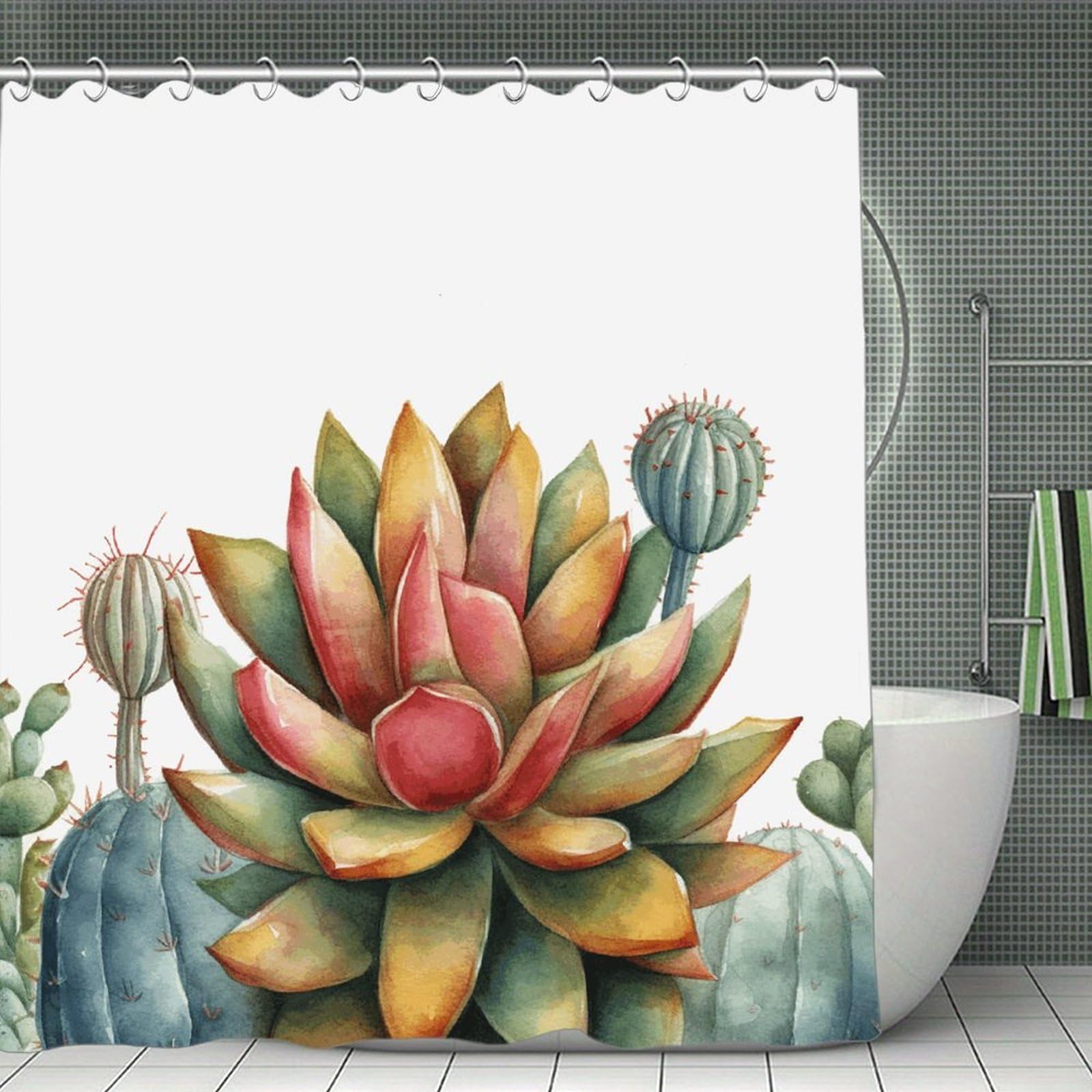 QMNLKH Watercolor Succulent Plant Shower Curtain with Hooks, Waterproof Bath Curtains for Bathroom, Lightweight Bath Curtains Liner for Hotel, Personalized Bath Curtain for Spa, 70.8 Inch