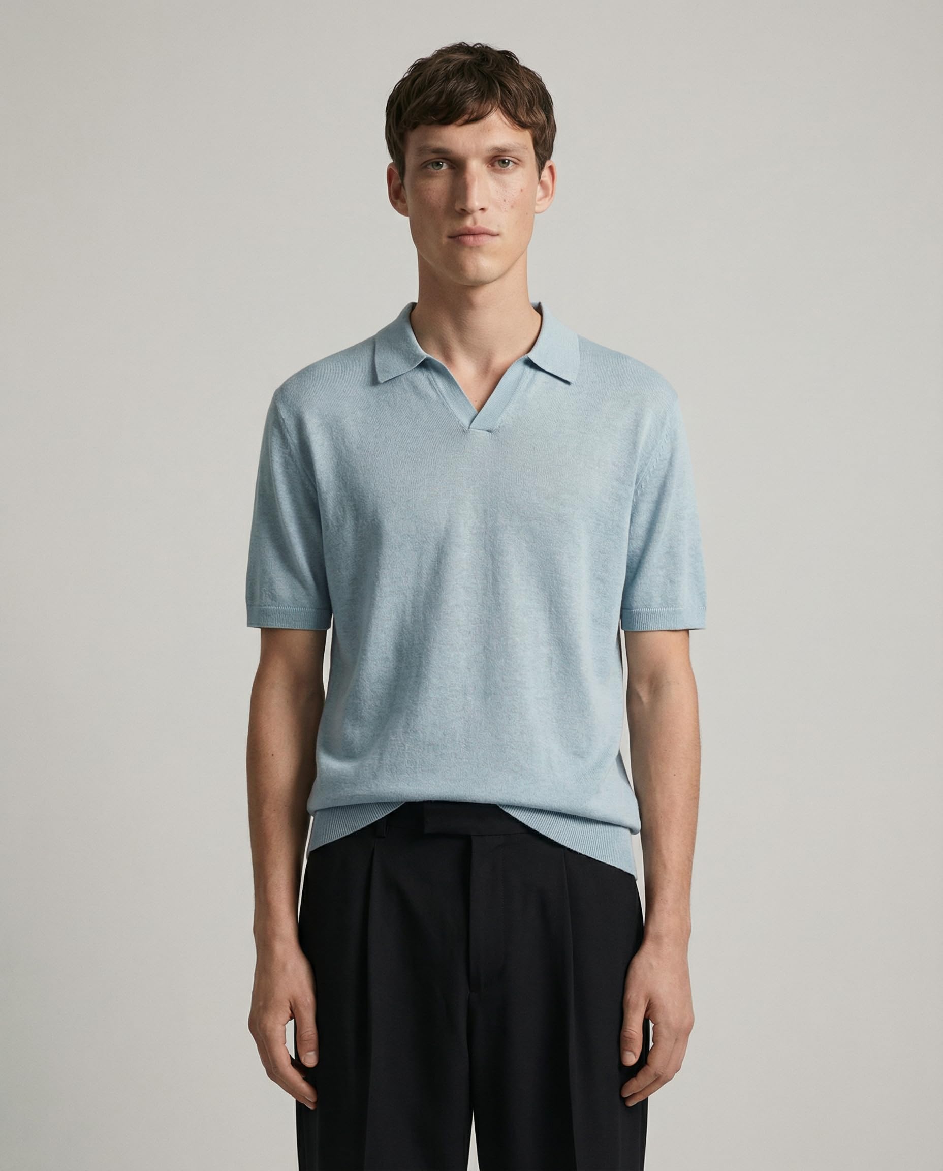 Diana Studio 100% lniana koszulka polo bez guzików, męska, z krótkim rękawem, casualowy, XL, jasnoniebieski
