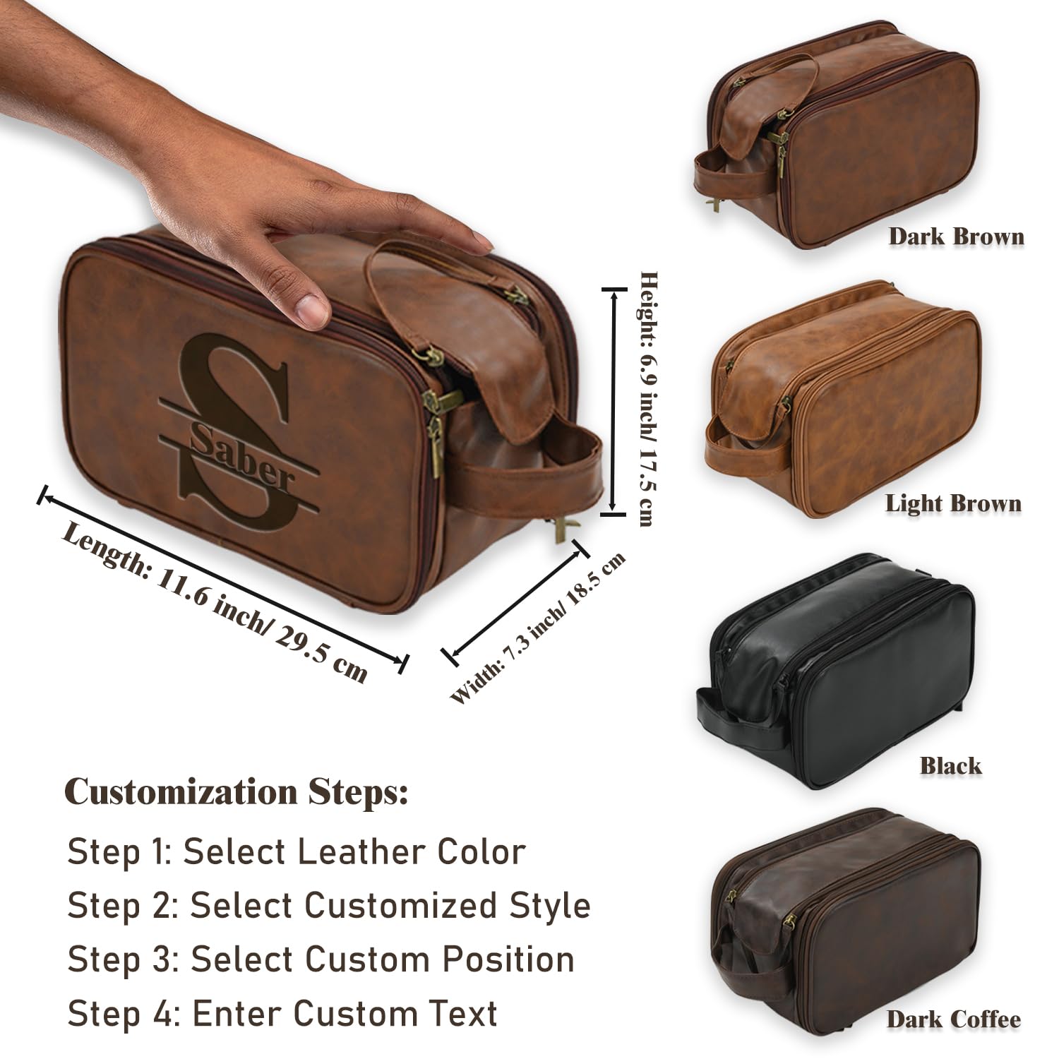 Personalized PU Leather Toiletry Bag for Men, Custom Travel Dopp Kit