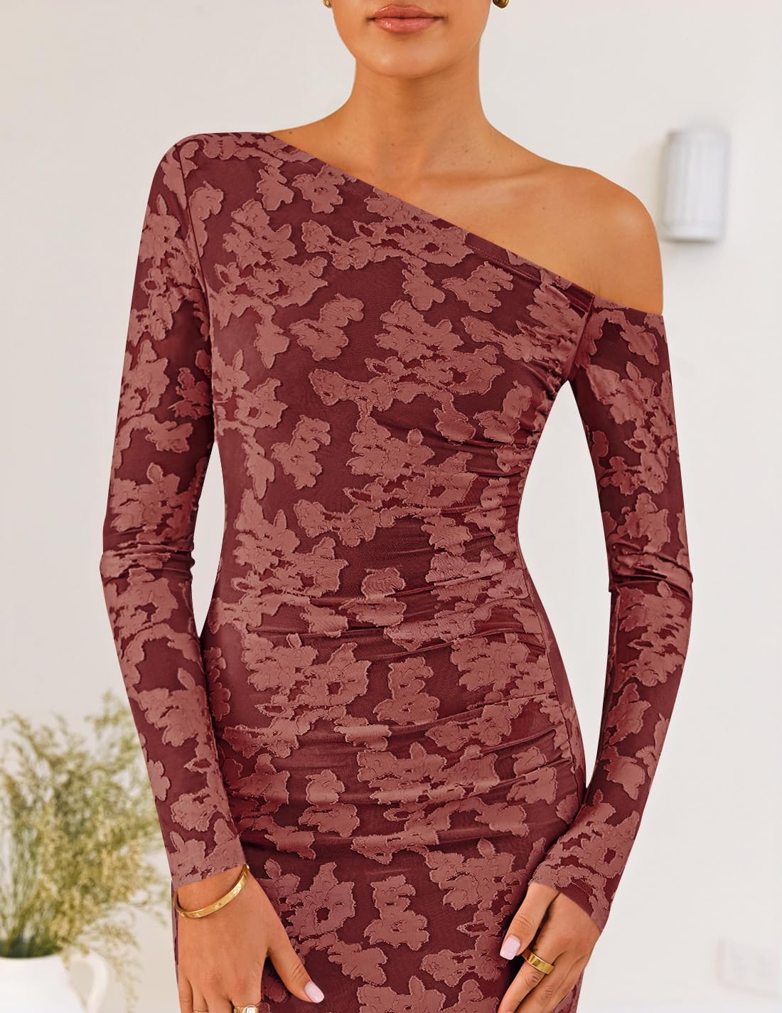 ZESICA Women's Spring Floral Off Shoulder Bodycon Maxi Dresses 2026 Long Sleeve Ruched Elegant Cocktail Party Dress - Image 5