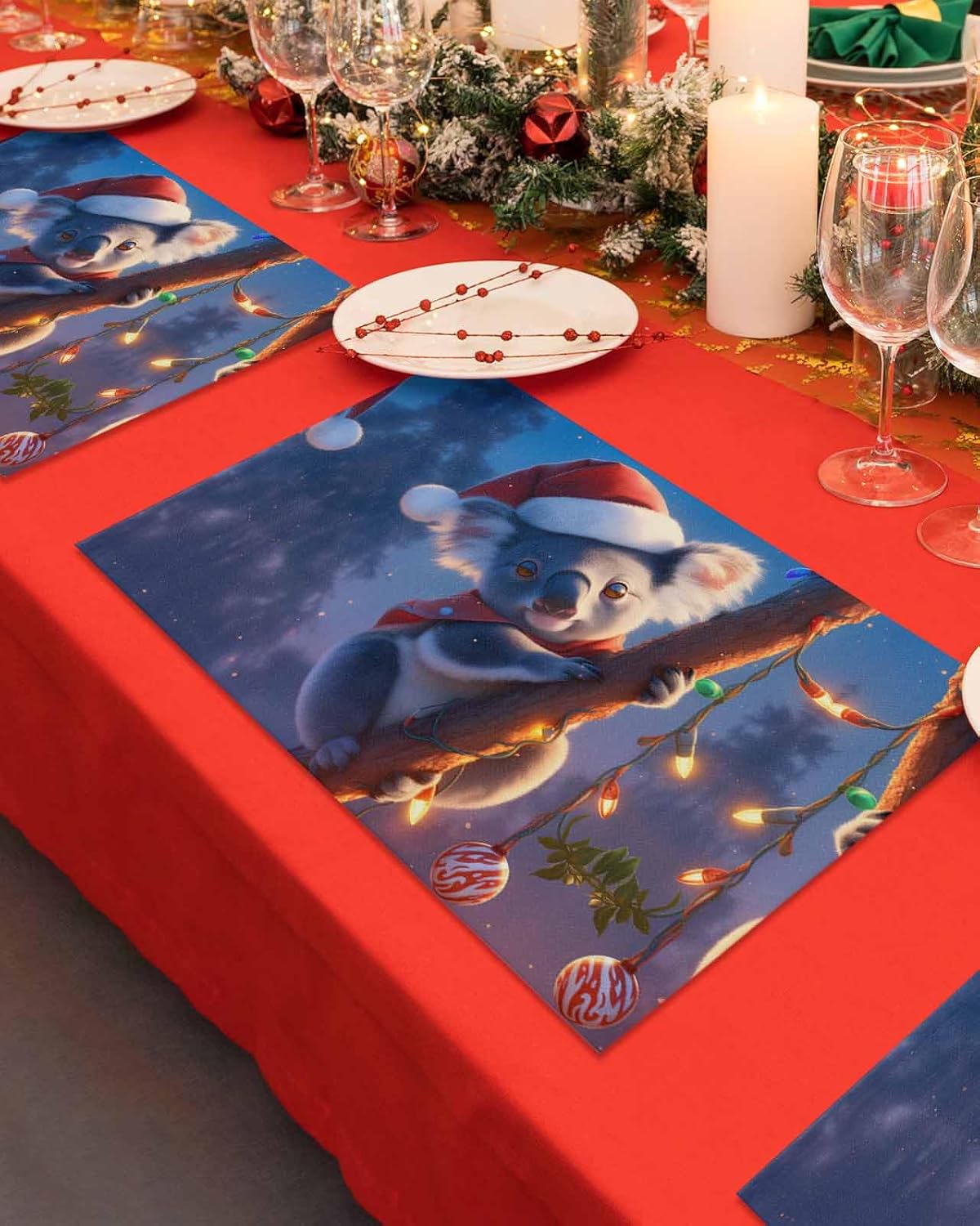 Christmas Placemats Set of 6 Cute Koala Wearing Santa Hat Christmas Placemats for Dining Table Christmas Ball Table Mat Winter Holiday Home Party Kitchen Table Decorations