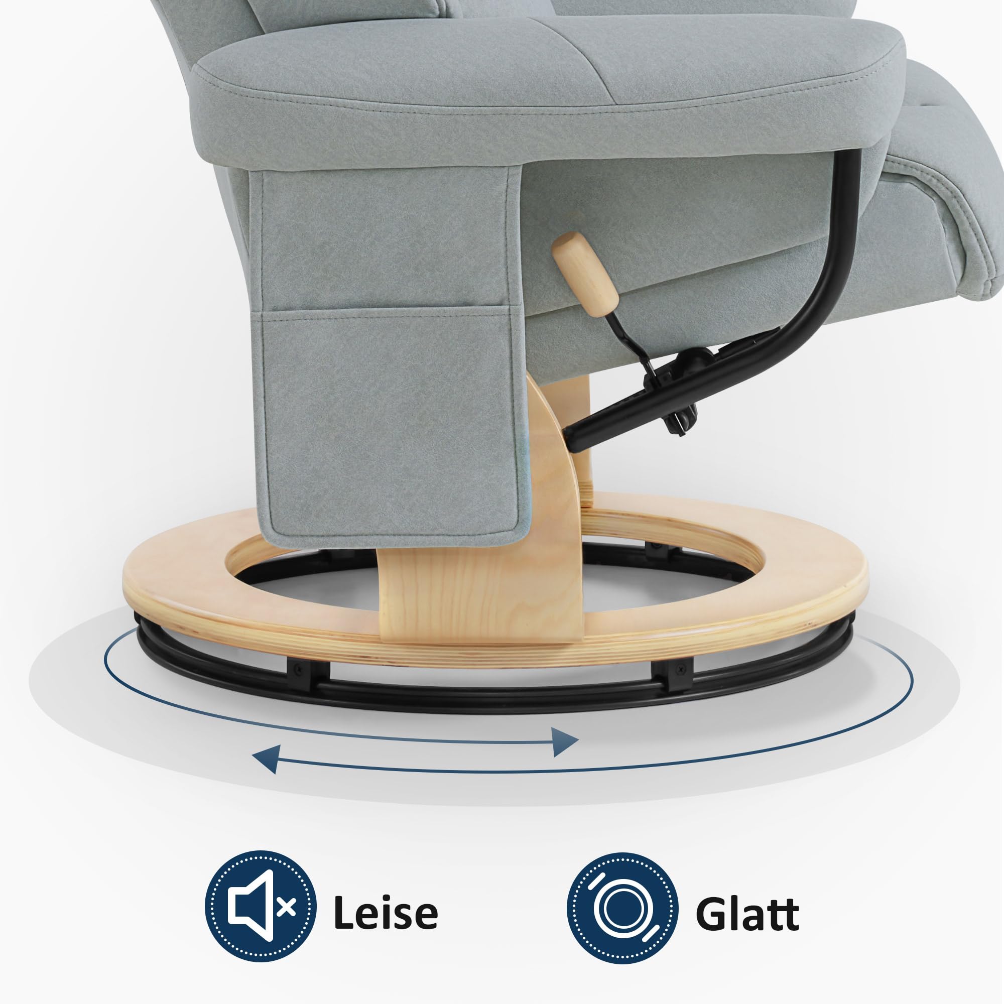 M MCombo Relaxsessel mit Hocker, Drehbare Fernsehsessel mit Liegefunktion, Moderner TV-Sessel Stuhl für Wohnzimmer, mit Kissen & Seitentasche, 9066 (Hellgrau-Mikrofaser)