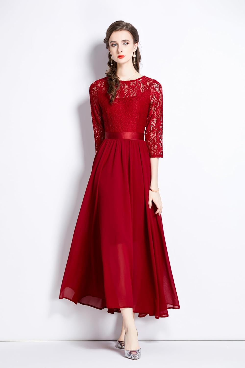 LAI MENG FIVE CATS Women's Flowy Floral Lace Short Sleeve Round Neck Evening Dress - Image 2