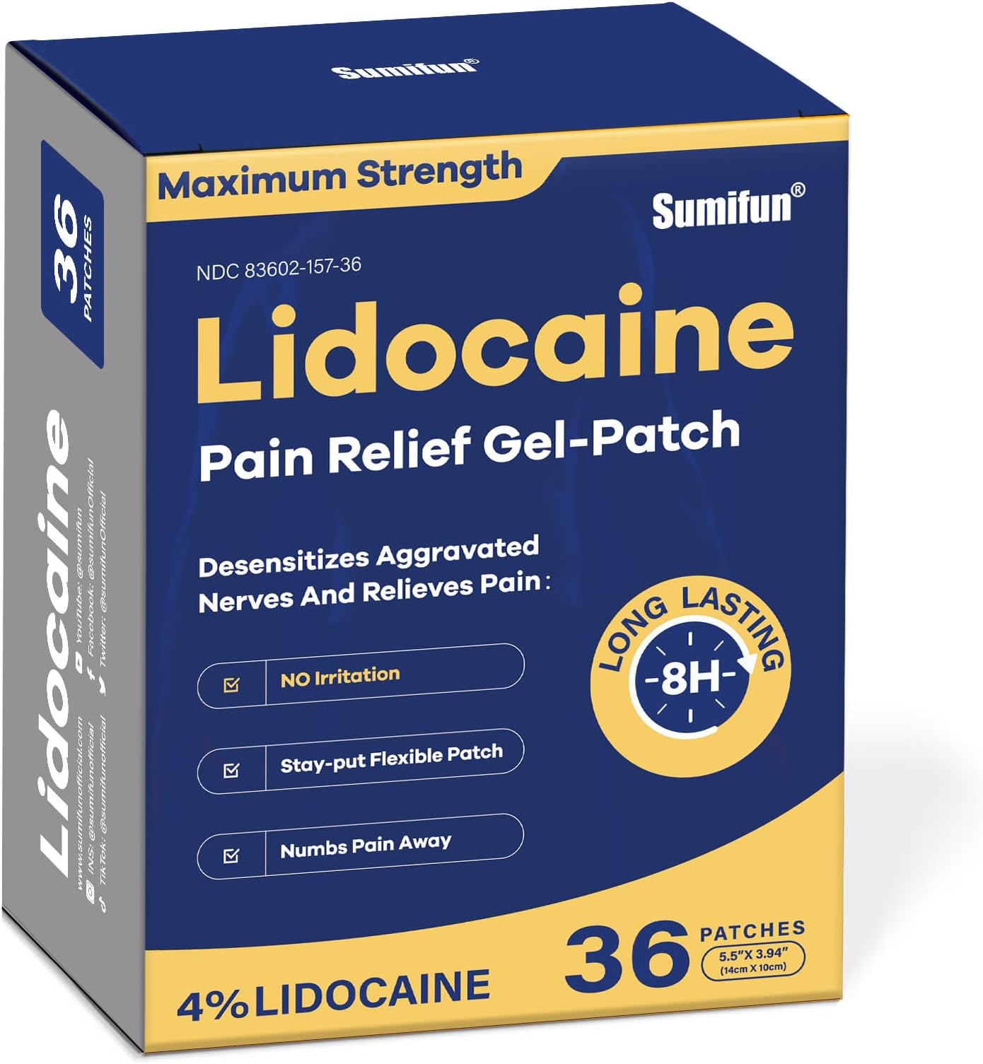 Sumifun 4% Lidocaine Pain Relief Patches - OTC Maximum Strength โ Flexible & Long-Lasting, 36-Count Lidocaine Patches for Back, Neck, Muscle, Joint Pain- Unscented Pain Patch