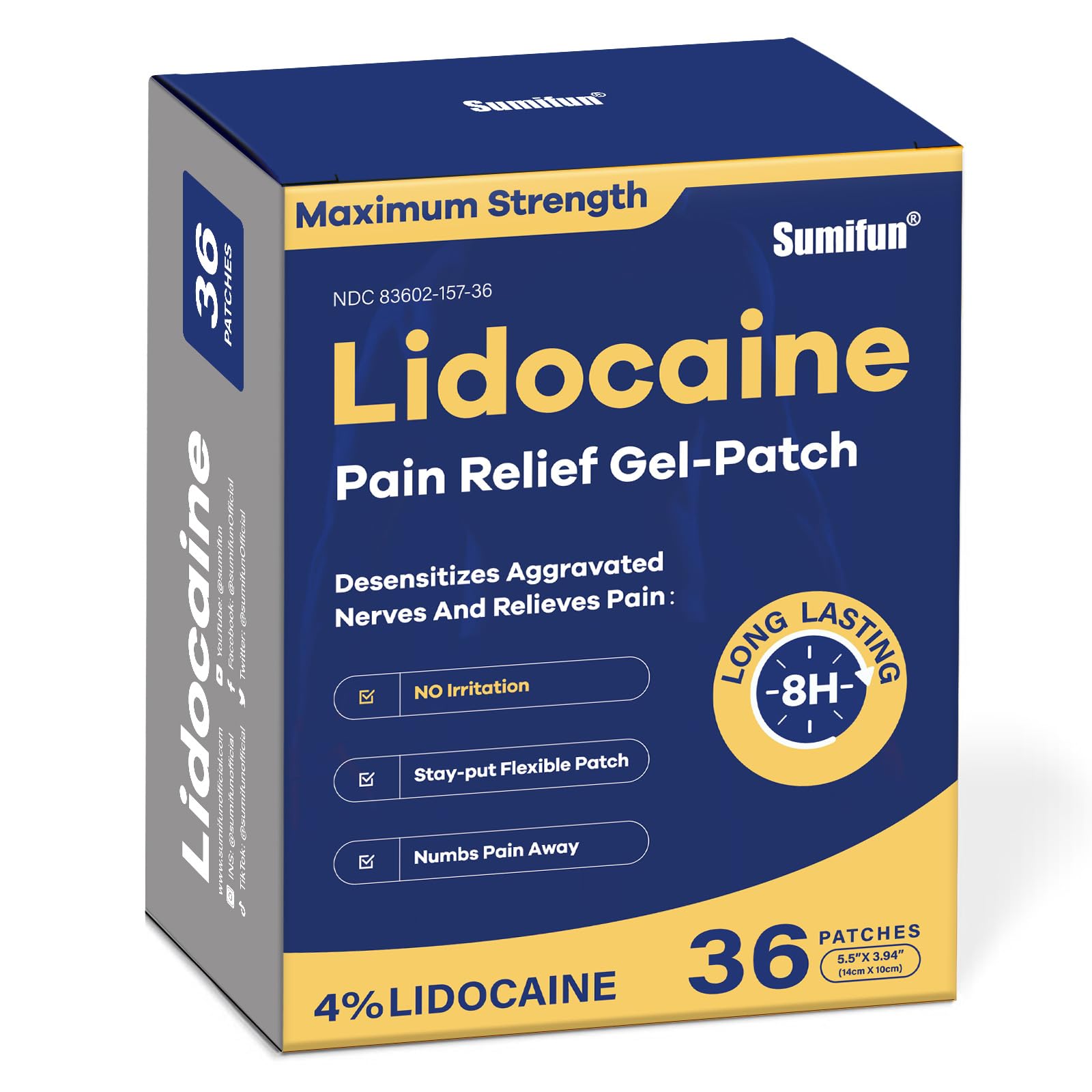 Sumifun 4% Lidocaine Pain Relief Gel Patches-36 Count Patches Numbing Gel Patch for Back, Neck & Shoulder Pain, Numbs Away Pain,Topical Patches with Max-Strength,Topical Analgesic FSA or HSA Eligible