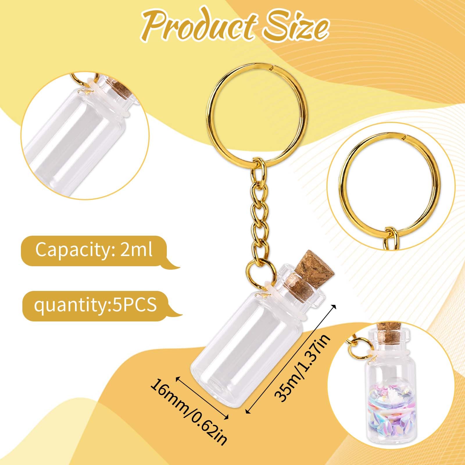 Mini Glass Bottles, 5 Pcs 3ml Glass Vials with Corks Lids Clear Tiny Jars with Metal Keychain Miniature Message Bottles for DIY Crafts Wedding Favors Party Home Decoration