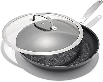 Enhanced 12" Frying Pan Skillet with Glass Lid, PFAS-Free Ceramic Nonstick, Durable Hard Anodized, Scratch Resistant, Stainless Steel Handle Good Grip, Dishwasher Safe, Oven Safe, Black