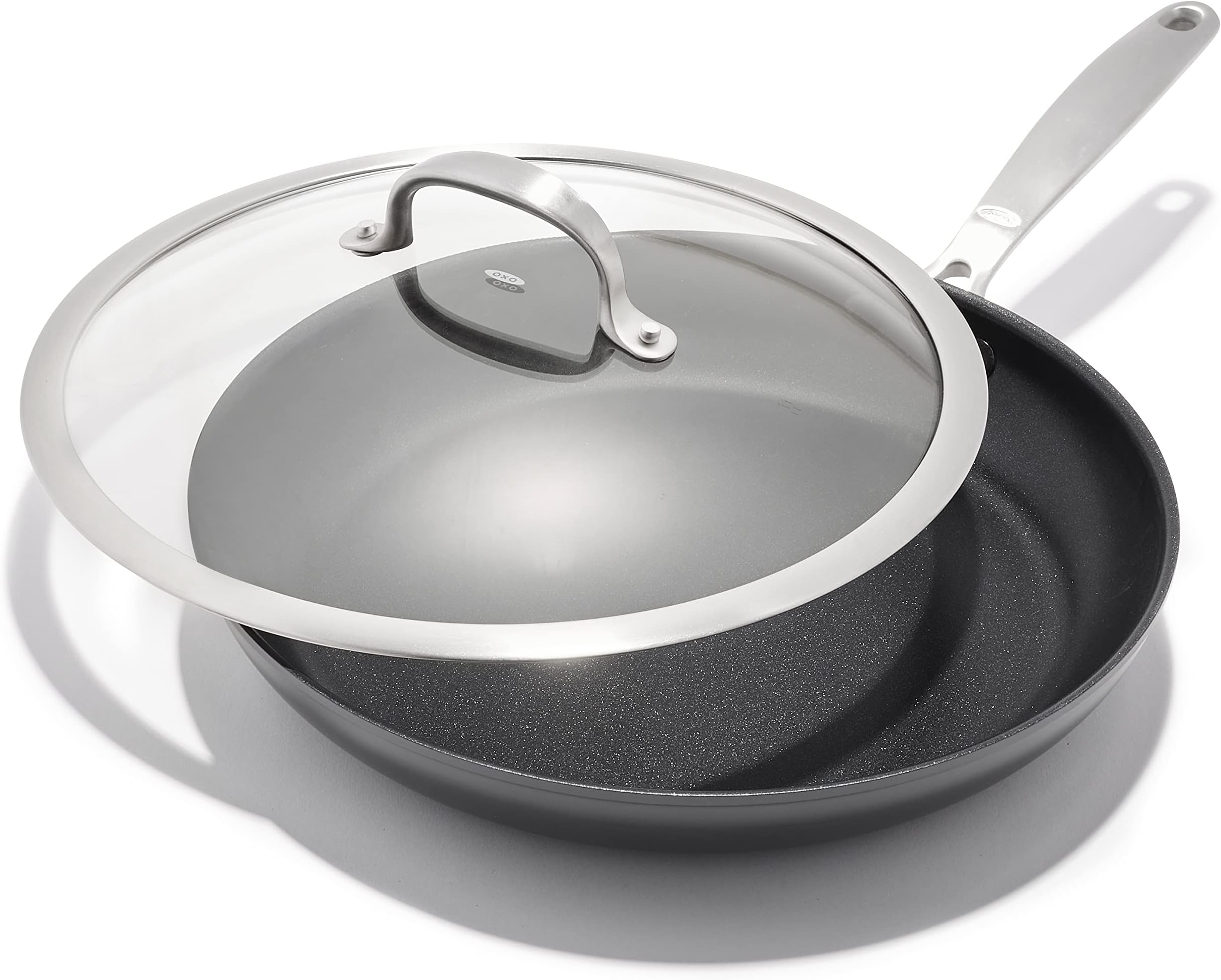 OXO Enhanced 12” Nonstick Frying Pan Skillet with Lid, Ceramic PFAS-Free Cookware, Durable Hard Anodized, Scratch Resistant, Stainless Steel Handle, Eggs & Omelets, Dishwasher & Oven Safe, Black