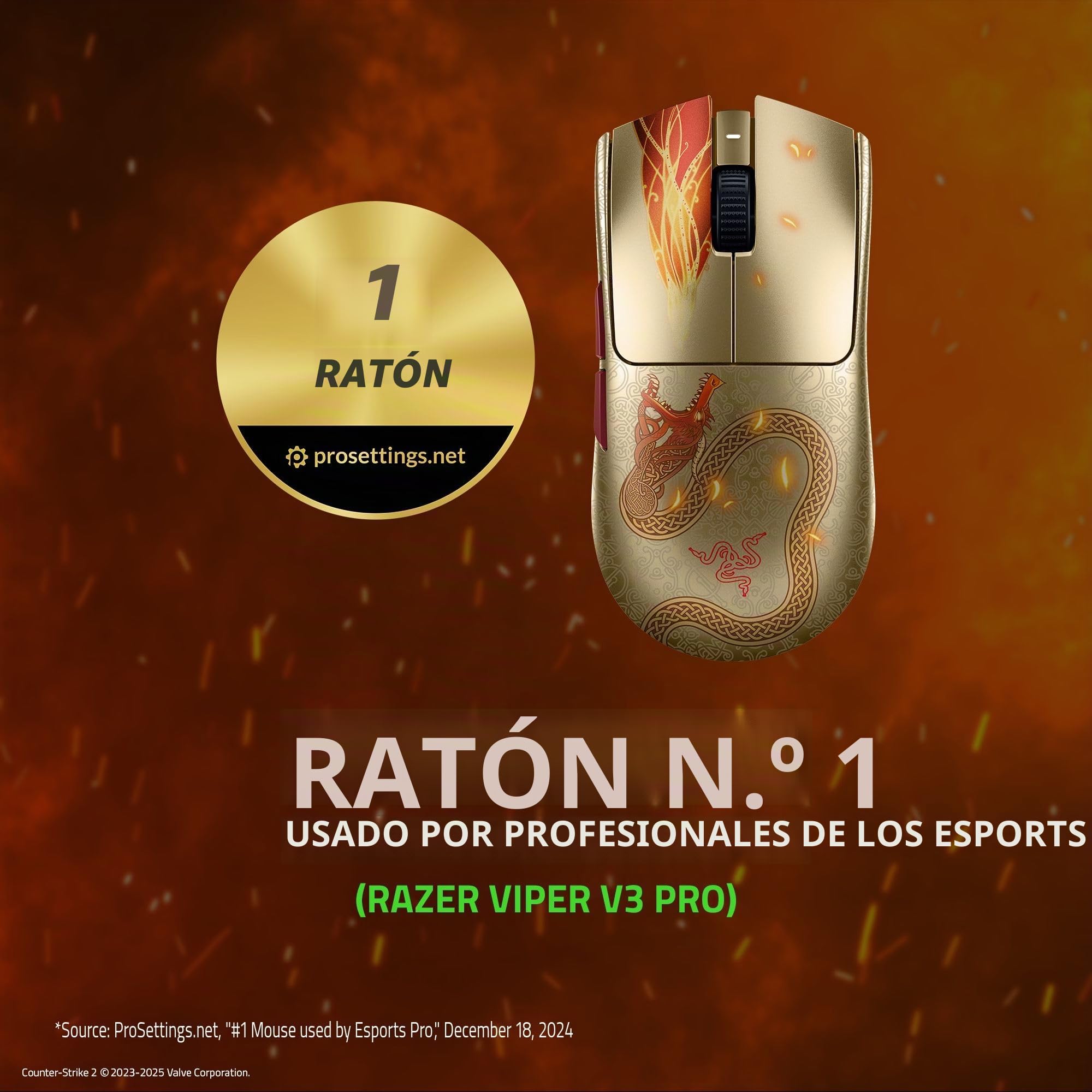 Razer Viper V3 Pro Counter-Strike 2 Dragon Lore - Ratón inalámbrico Ultraligero para Juegos Esports - 55g - HyperPolling 8K - Sensor 35K PPP - 2,4 GHz HyperSpeed - 95 Horas - PC/Mac | Dragon Lore