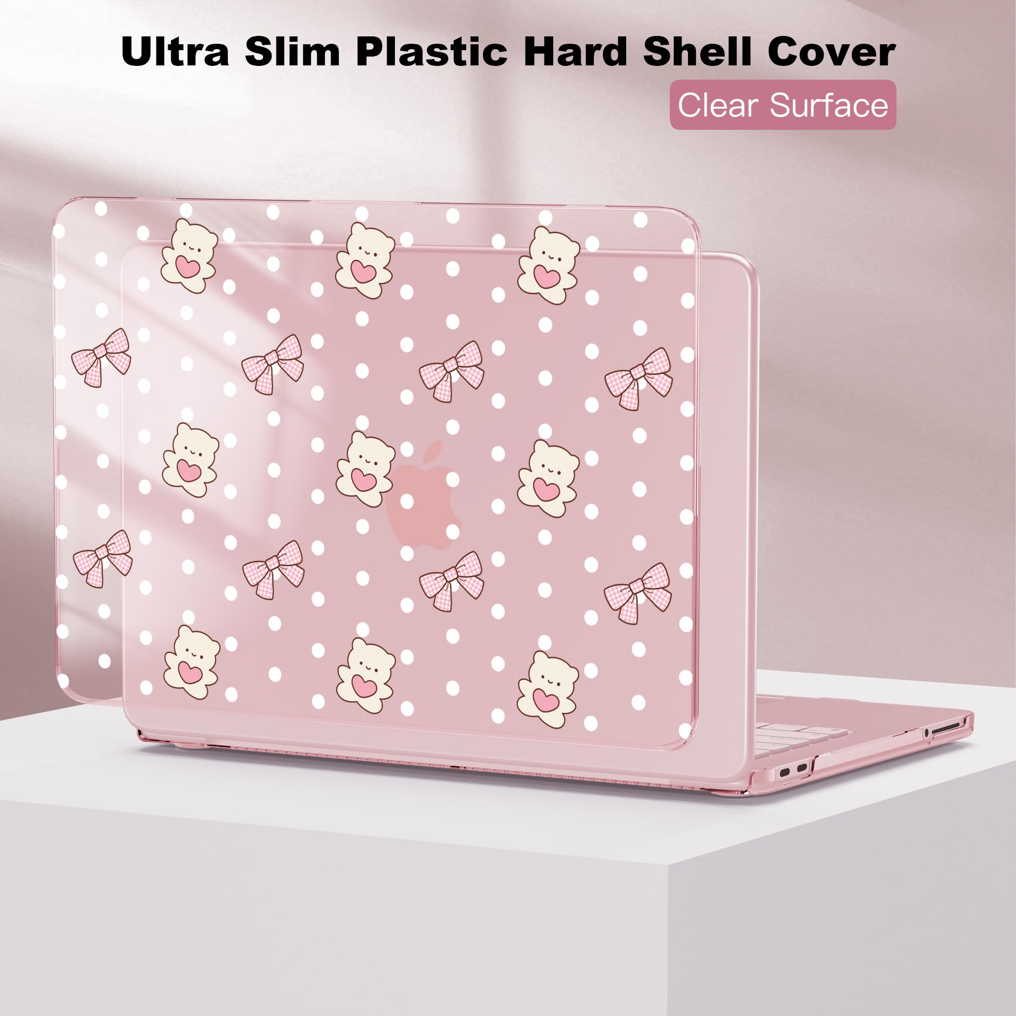 CISSOOK Coque de protection en plastique rigide pour MacBook Neo 13" A3404 avec protecteur de clavier, protecteur d'écran et adaptateur USB C Motif cœur et pois Rose