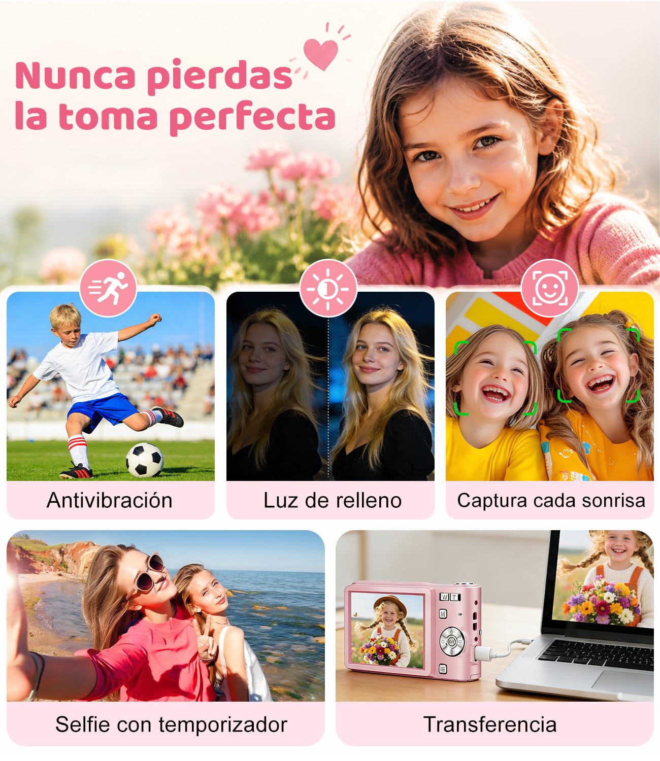50MP Camara de Fotos Digital Compacta, 1080P FHD Vlogging Cámara Digital con Pantalla 2,4”, Zoom Digital 16X, Antivibración, Minipuerta Adecuado para Niños Estudiantes, Tarjeta de 16 GB(Rosa)