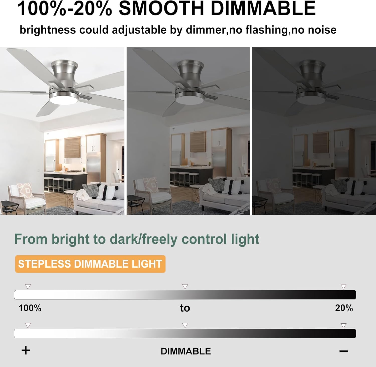 52 Inch Flush Mount Brushed Nickel Ceiling Fan with Light and Remote Control.Noiseless,Dimmable,3CCT,6 Speeds Reversible, Low Profile DC Ceiling Fans for Indoor or Covered Outdoor Use,ETL Listed - Image 6