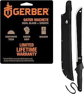 Gerber Gear Gator Machete 25" with Plain Edge Blade and Saw, Gator Grip and Protective Sheath for Gardening, Survival, Hunting, Camping and Bushcraft, Black