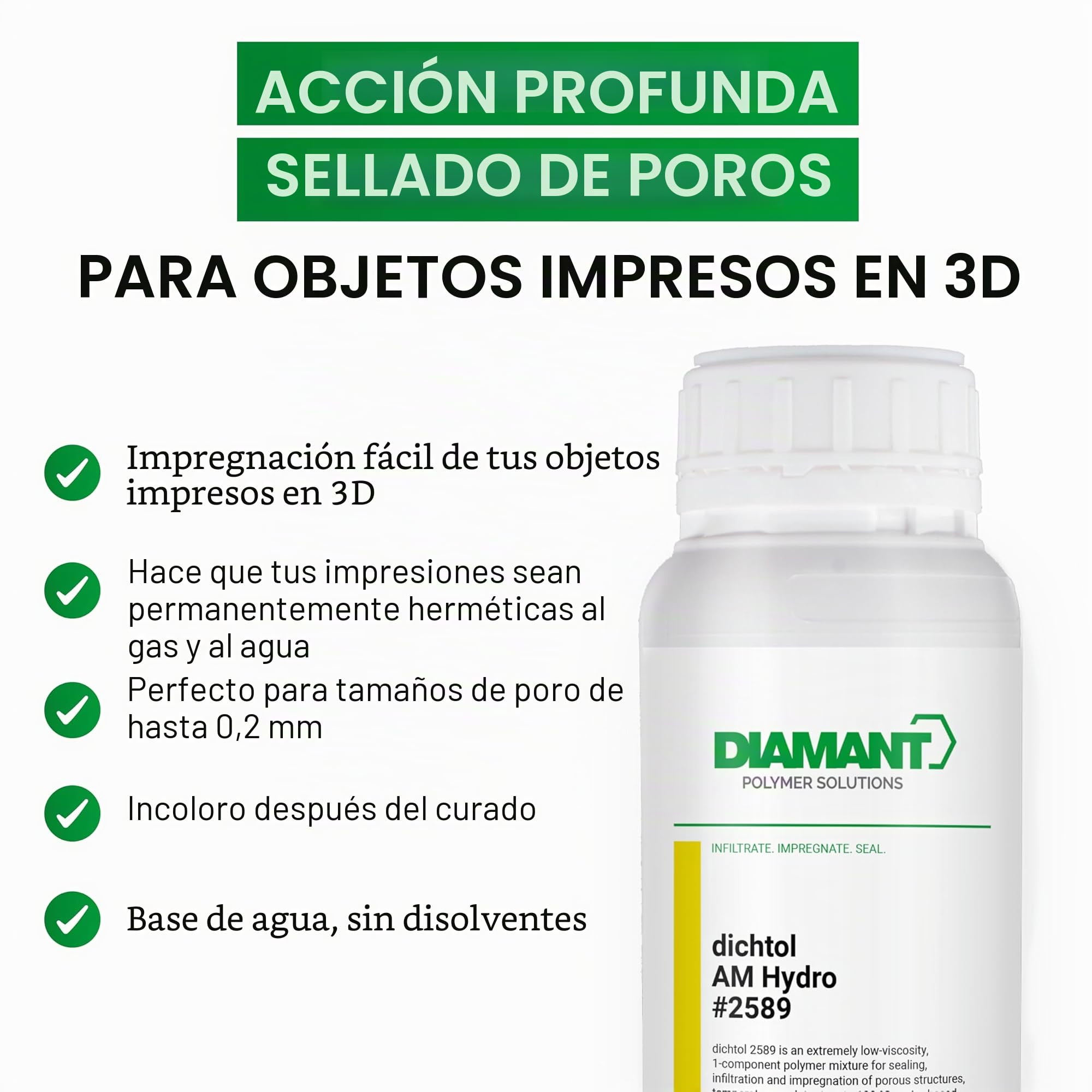 DIAMANT dichtol AM Hydro 1L – Sellador a base de agua para impresión 3D | Gas & estanco | Sin disolventes | Para PLA, ABS, FDM & SLS | Fabricación aditiva impregnada