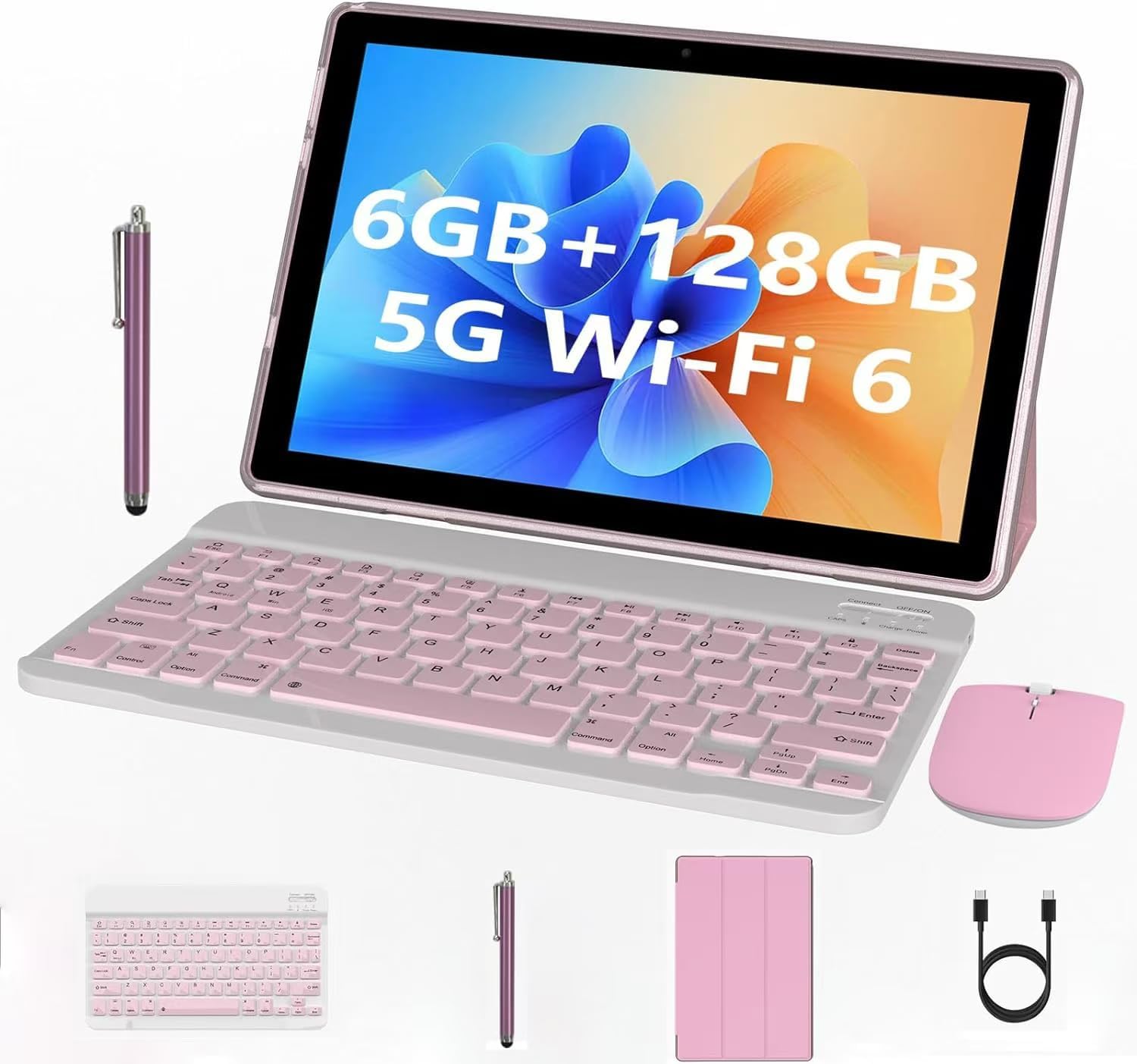 2 in 1 Tablet with Keyboard, 10 inch Android Tablet, 6GB RAM+128GB ROM+1TB Expandable Tableta, 2.0GHz Quad-core Processor, 5G WiFi 6 BT 5.0 Tablets with Mouse| Case| Stylus, 1280*800 IPS Touchscreen