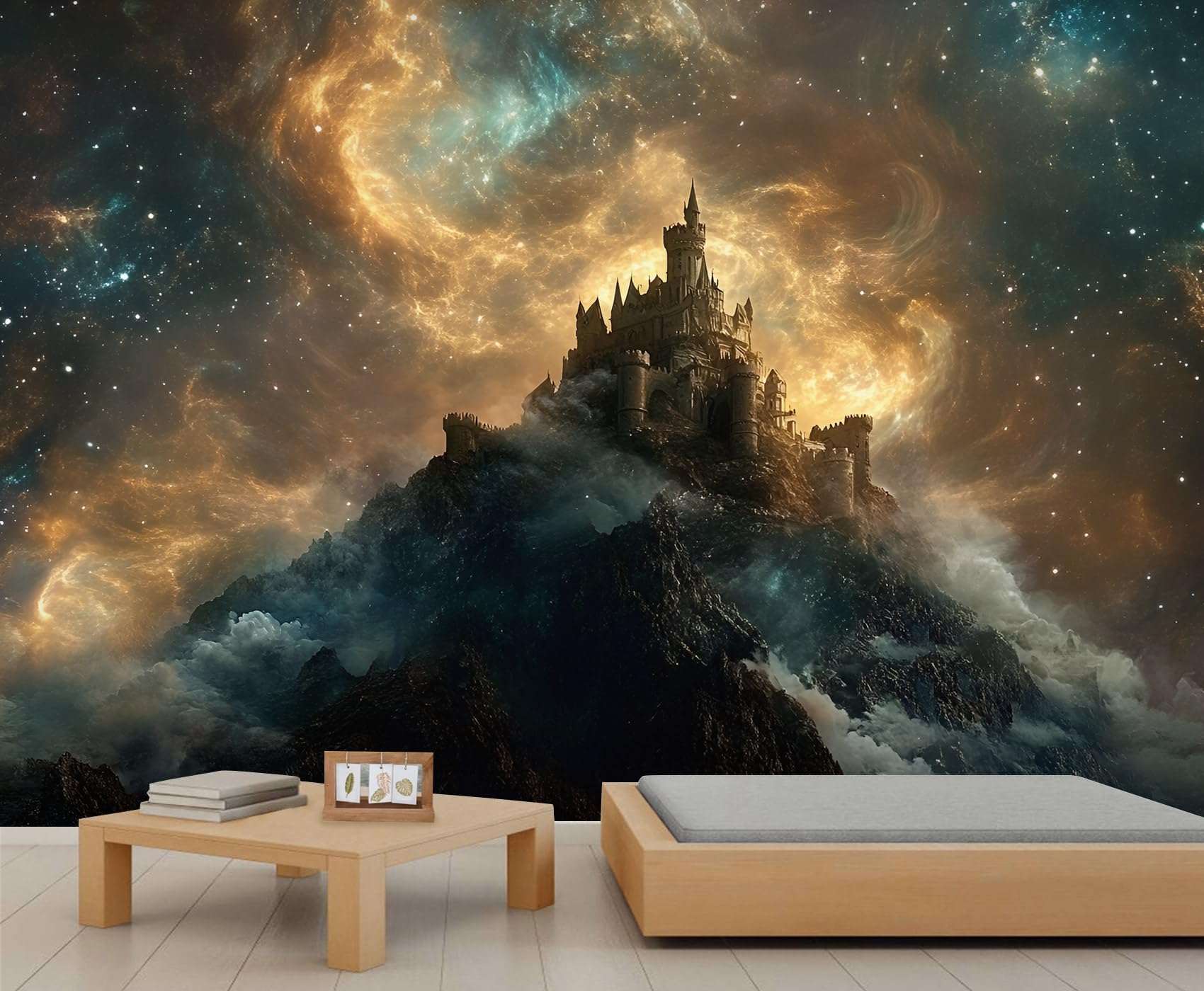 Star Castle Mural Hilltop Castle Wallpaper Colorful Starry Sky Wall Mural Giant Home Living Room Dining Room Wall Decor Poster (Non-self-Adhesive)