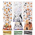 CCINEE Halloween Cellophane Treat Bags, 150pcs Halloween Plastic Clear Candy Bags with 300pcs Twists for Snacks Cookies Packing