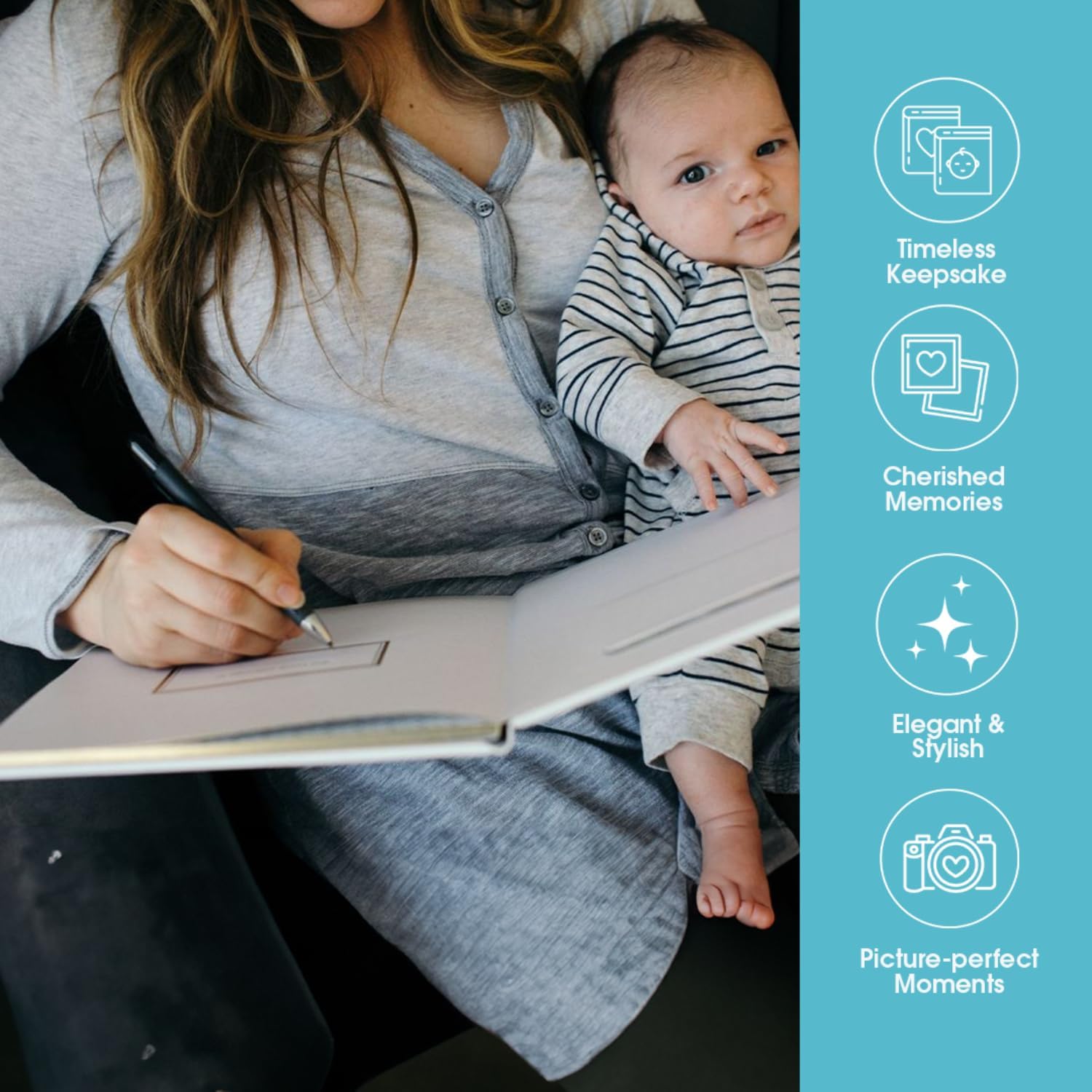 Pearhead Hello Baby First 5 Years Memory Book, Gender-Neutral Baby Keepsake for New and Expectant Parents, Pregnancy And Milestone Journal, Modern Minimalist Black and Gold Polka Dot