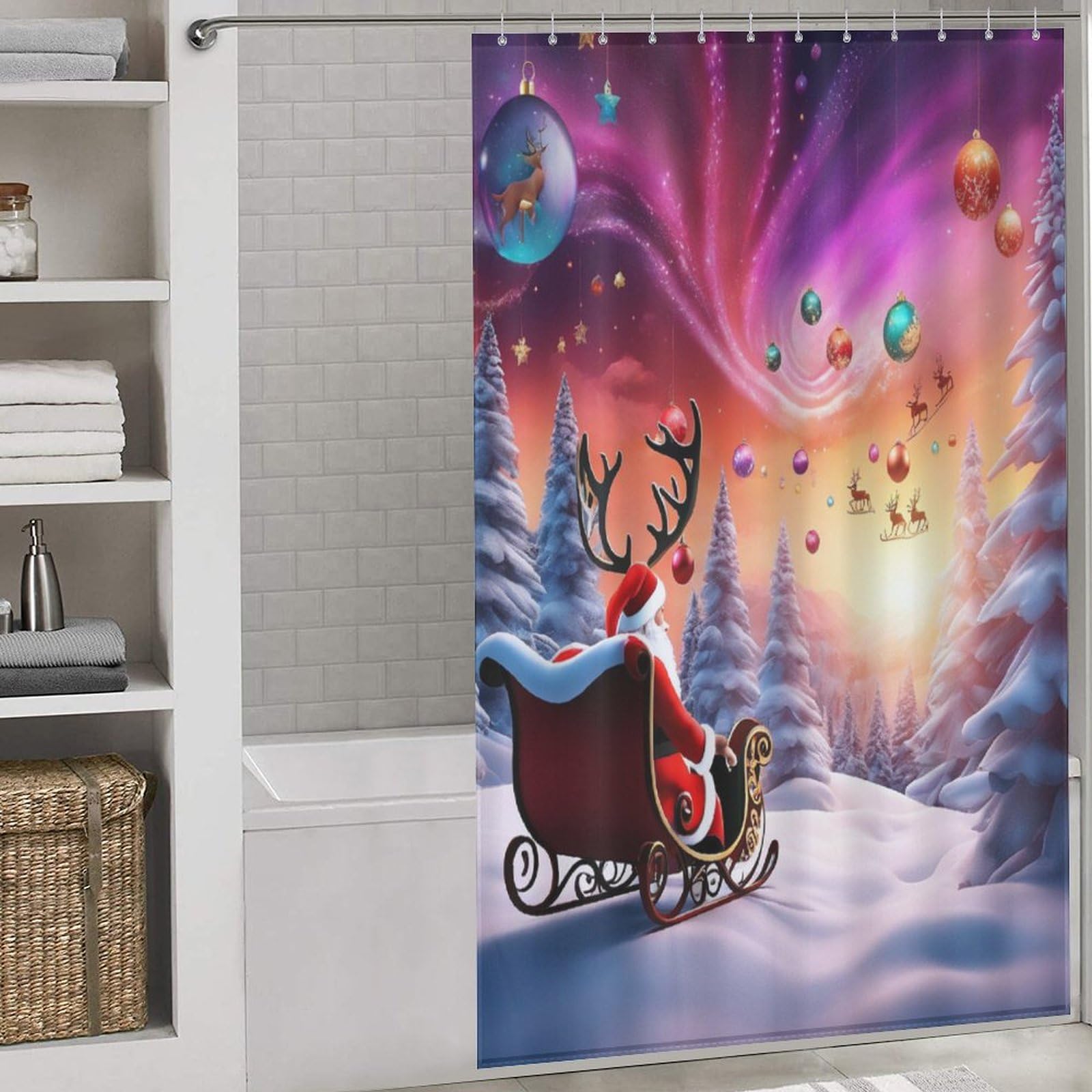 Rideau de douche Noël imperméable avec crochets 140x183cm accessoire salle de bains lavable