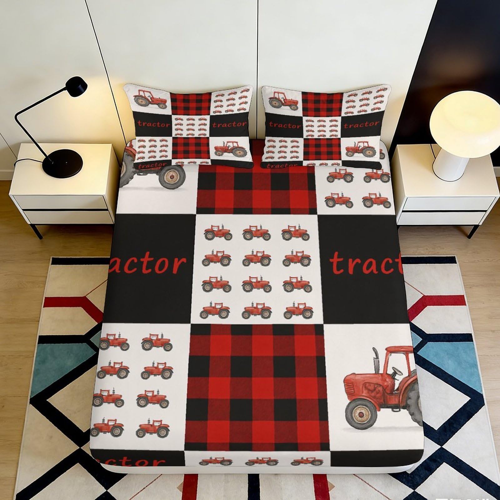 3D Printed Red Tractor Plaid Fitted Sheet Microfiber Soft Black Check Bed Cover for Bedroom Guestroom Decor 90x200x25cm