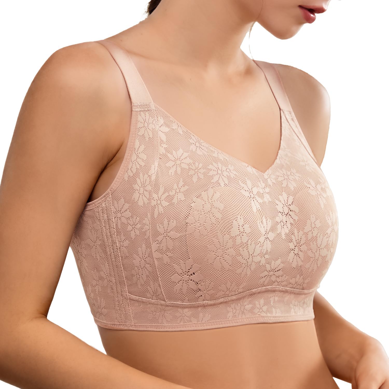 Womens Comfortable Minimizer V Neck Bras No Underwire,Lace Thin Padded Full Coverage Anti-Sagging & Side Support