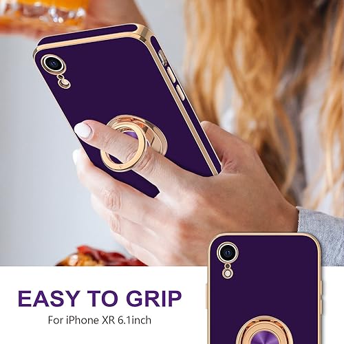 Miniatura 9 de Hython Funda para iPhone XR, cubierta protectora de TPU suave chapado en gris azul brillante con soporte de anillo giratorio de 360, soporte