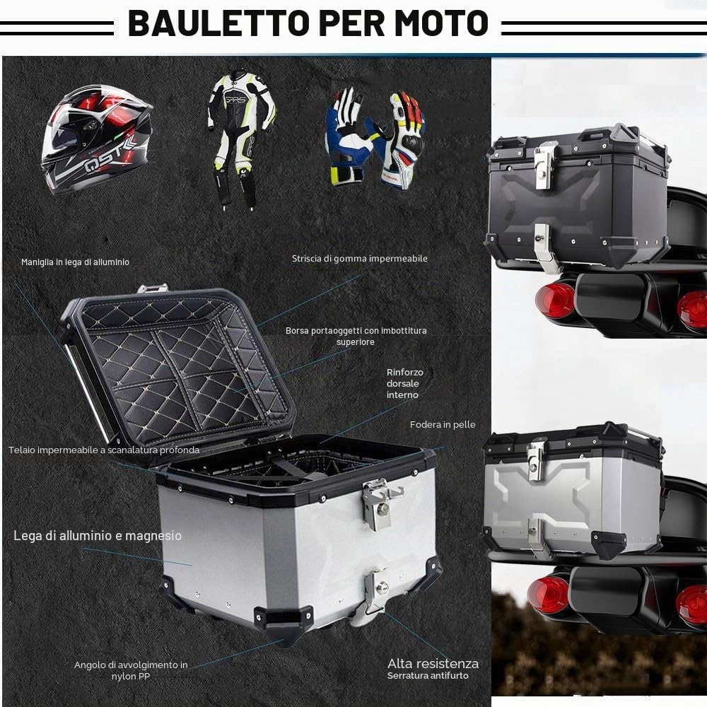 Bauletto top case in alluminio per moto, 45 LT, 55 LT, 65 LT, 80 LT, 100 LT, bauletto impermeabile per casco, per scooter, moto, ciclomotore e quad