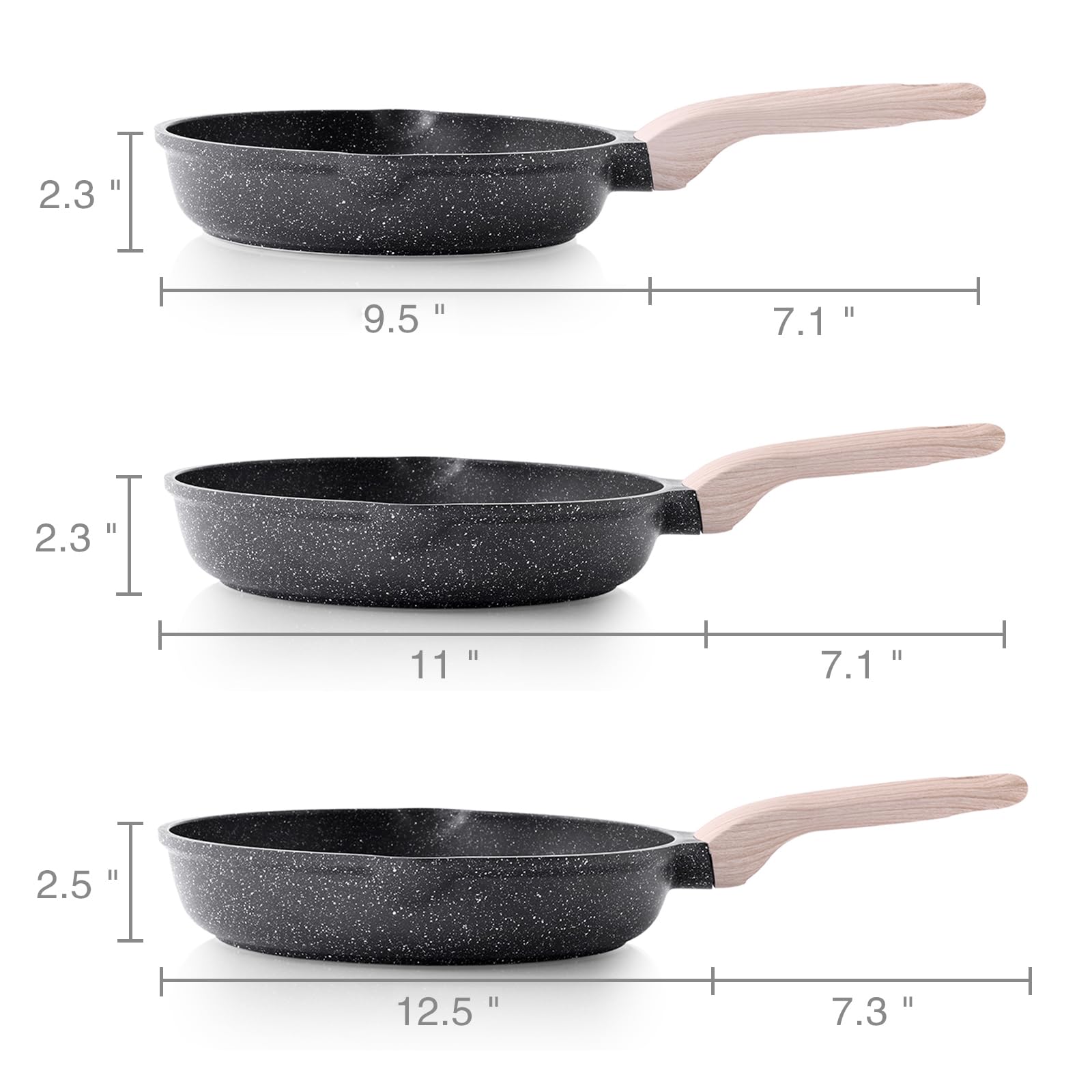 Kordisen 3-częściowy zestaw patelni nieprzywierających, 24/28/32 cm, powłoka granitowa, patelnia indukcyjna, zdrowa i nietoksyczna, nie zawiera PFOA