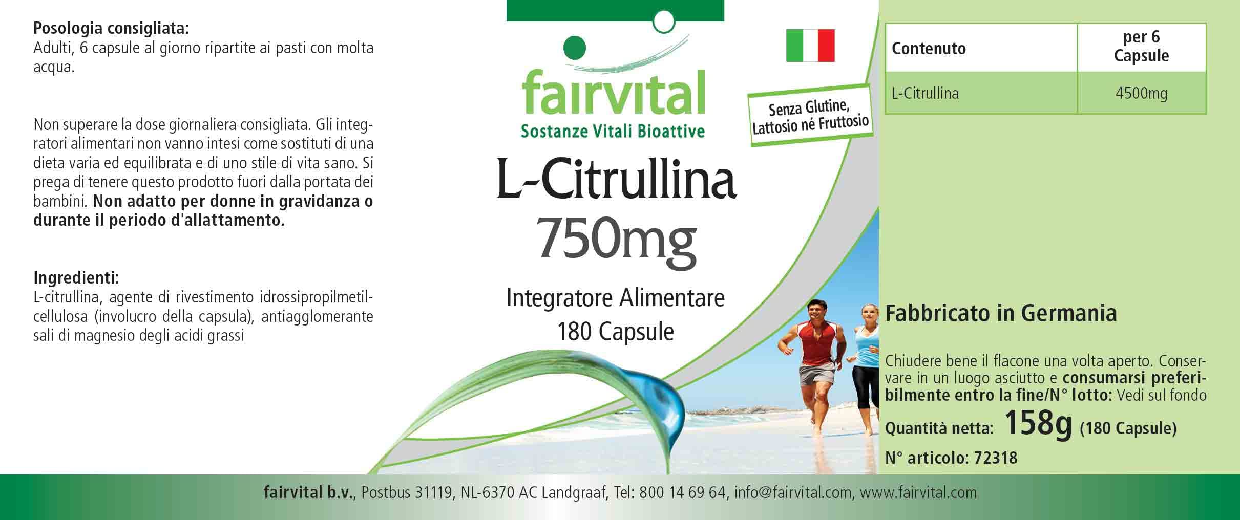 fairvital L-citrullina capsule 750 mg, ALTO DOSAGGIO, VEGANO, 180 capsule
