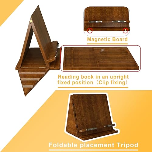 Miniatura 4 de Soporte triangular de bambú para libros, soporte para libros, soporte plegable para libros con taza, gafas, soporte para teléfono y clips de página