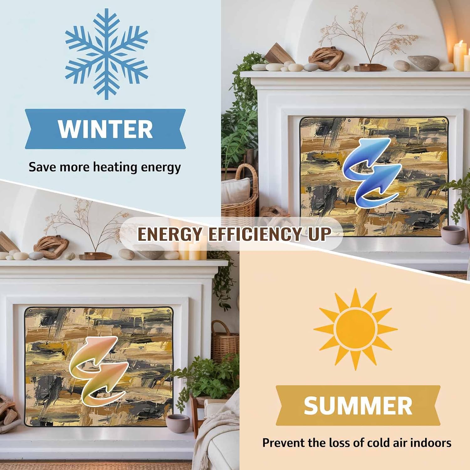 Magnetic Fireplace Cover Ombre Yellow Graffiti Fireplace Screen Decorative Abstract Modern Painting Insulation Fireplace Blocker Save Energy Fireplace Draft Stopper Covers for Living Room 36x30 Inch
