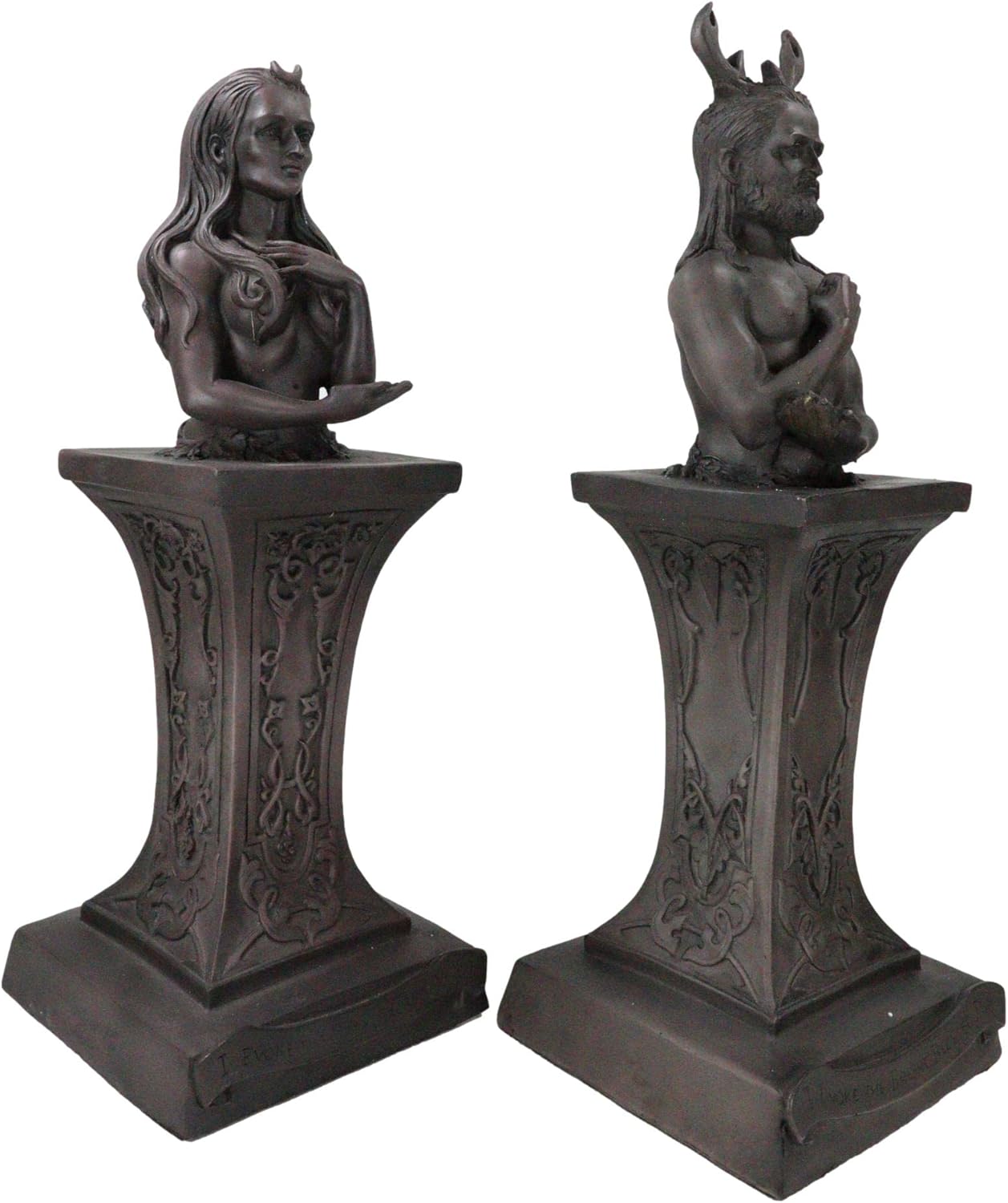 Ebros Neopaganism Wiccan Primary Deity Statue Featuring The Masculine Horned God Or Feminine Crescent Moon Triple Goddess Busts On Pedestal (Set of Two Triple Moon Goddess and Horned God)