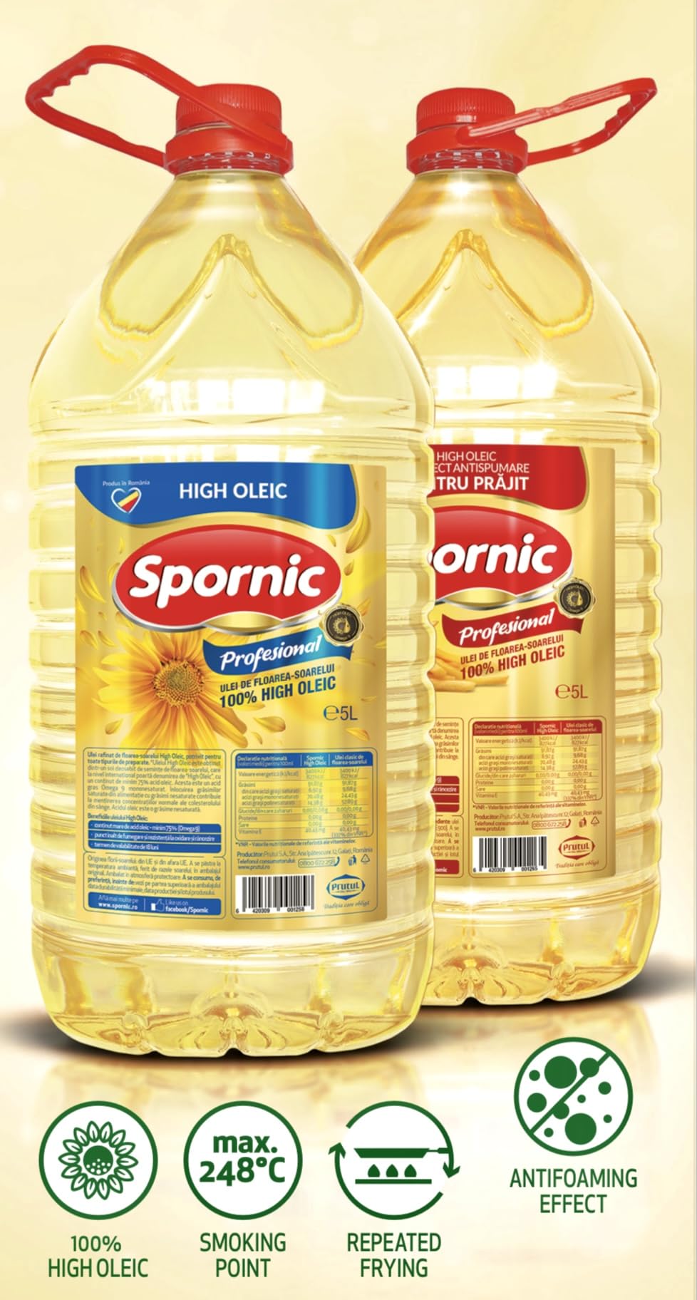 Huile de tournesol professionnel SPORNIC - Carton de 2 bidons de 5 L - Idéale pour la friture - Haut taux d'acide oléique - Résiste à des températures jusqu'à 250 degrés