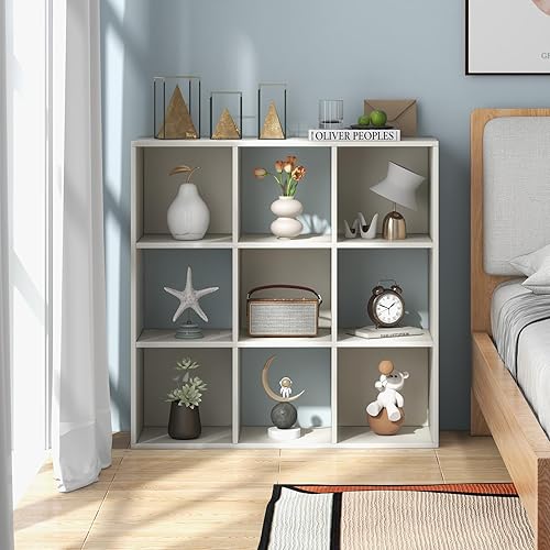 Miniatura 2 de Tangkula Estantería de 9 cubos, estantería abierta de madera, kits dobles antivuelcos, estante de almacenamiento moderno independiente para sala de