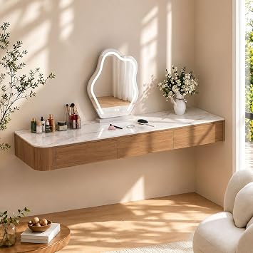 Floating Vanity Desk Solid Wood Wall Mounted Dressing Table with Drawers Small Space Dressing Table Modern Hanging Shelf Desk for Bedroom Apartment Office and Beauty SalonRight-mount-Walnut M,47.2"