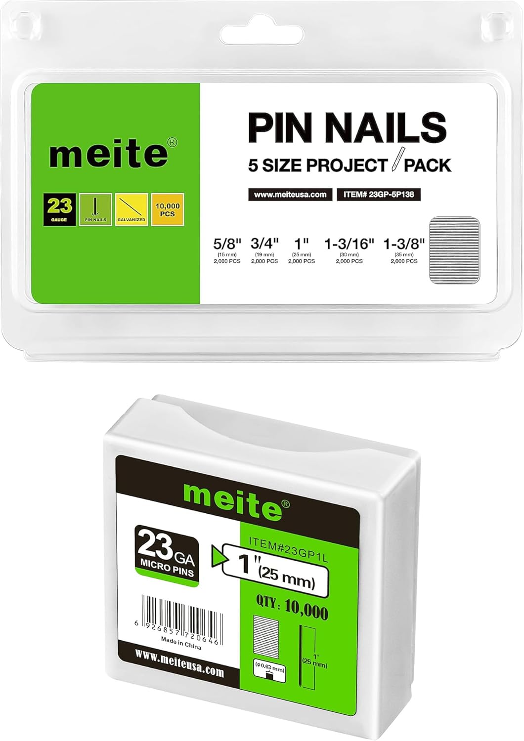 meite 1" Galvanized 23 Gauge Pin Nails - 10000 Counts and Assorted 5 Sizes (5/8", 3/4", 1", 1-3/16", 1-3/8") Galvanized Pin Nails - 10000 Counts